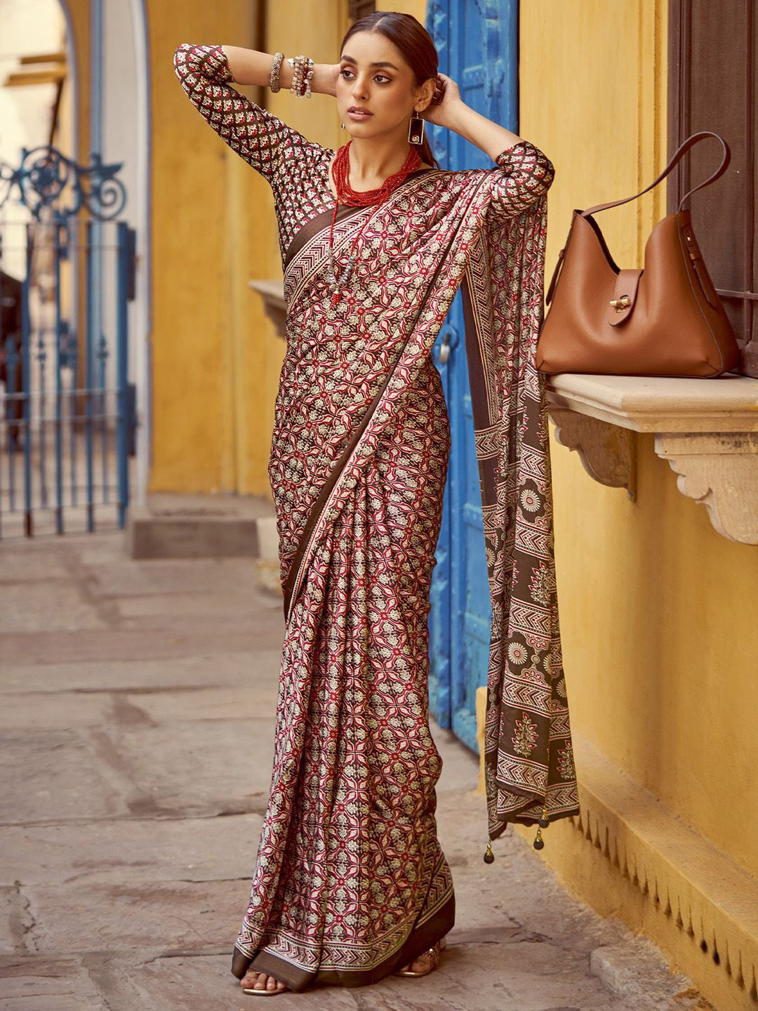 Brown New Ajrakh Printed Satin Crepe Saree