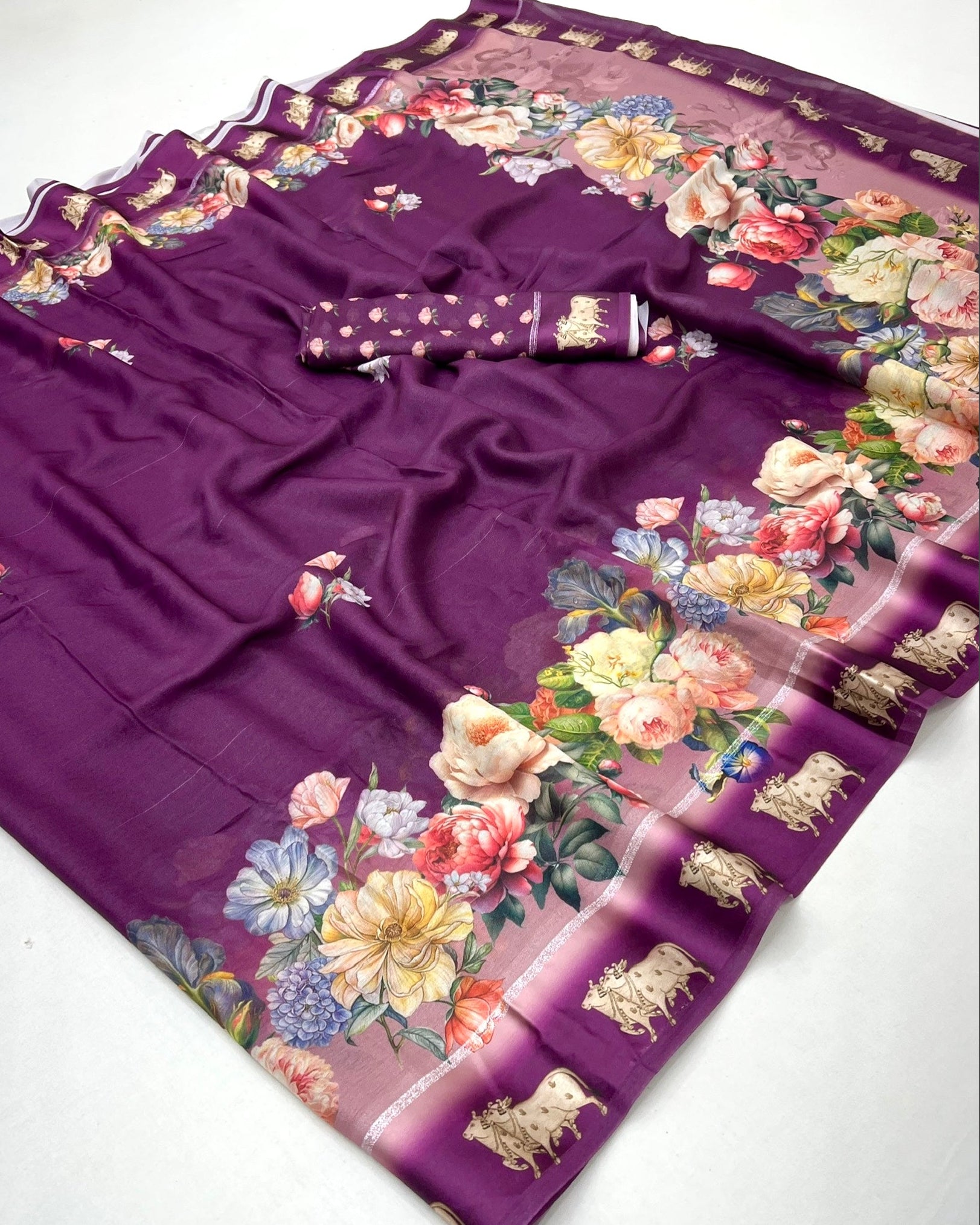 Petunia Wine Pure Georgette Floral Printed Trending Saree