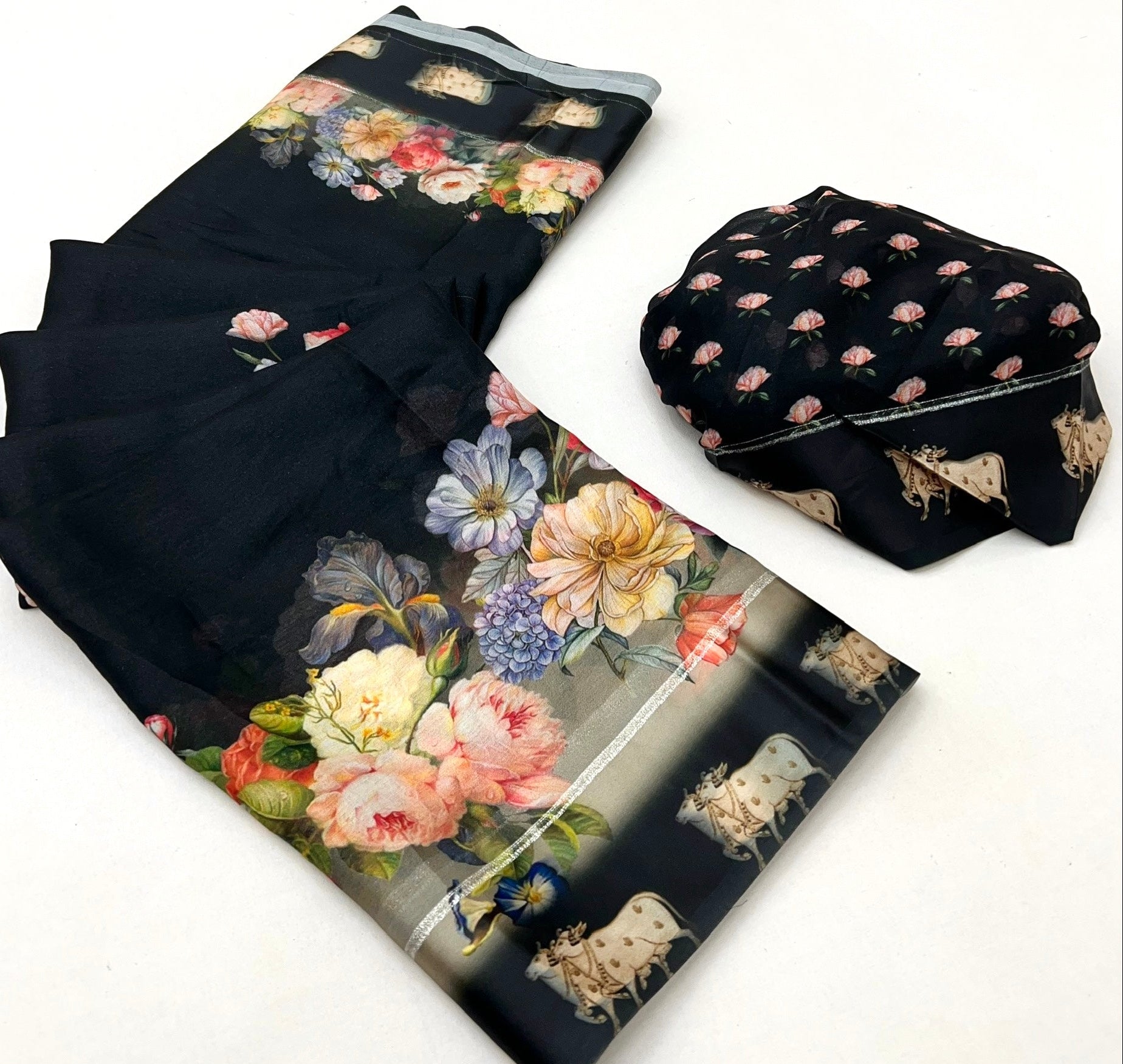 Metal Black Pure Georgette Floral Printed Trending Saree