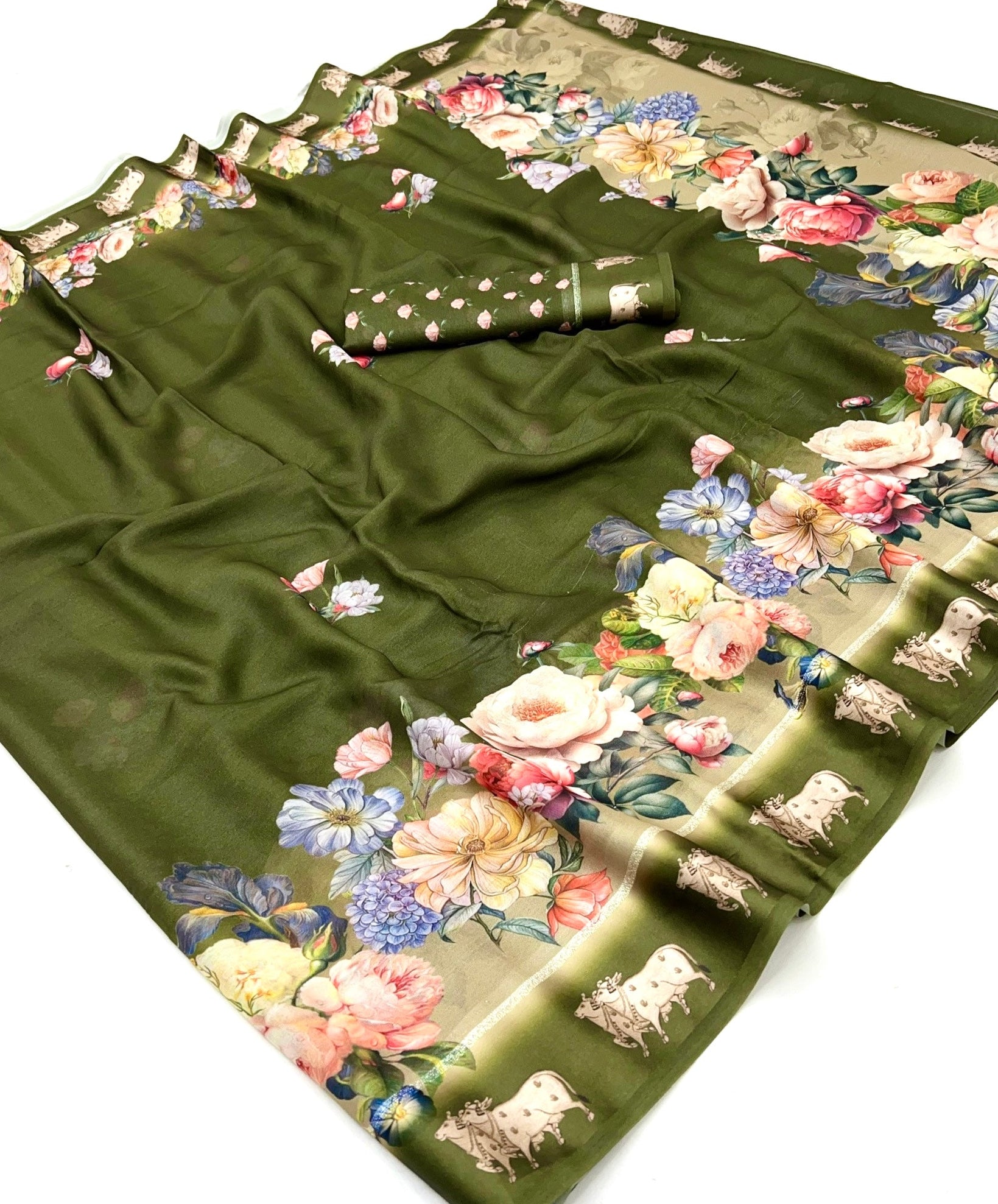 Harlequin Green Pure Georgette Floral Printed Trending Saree