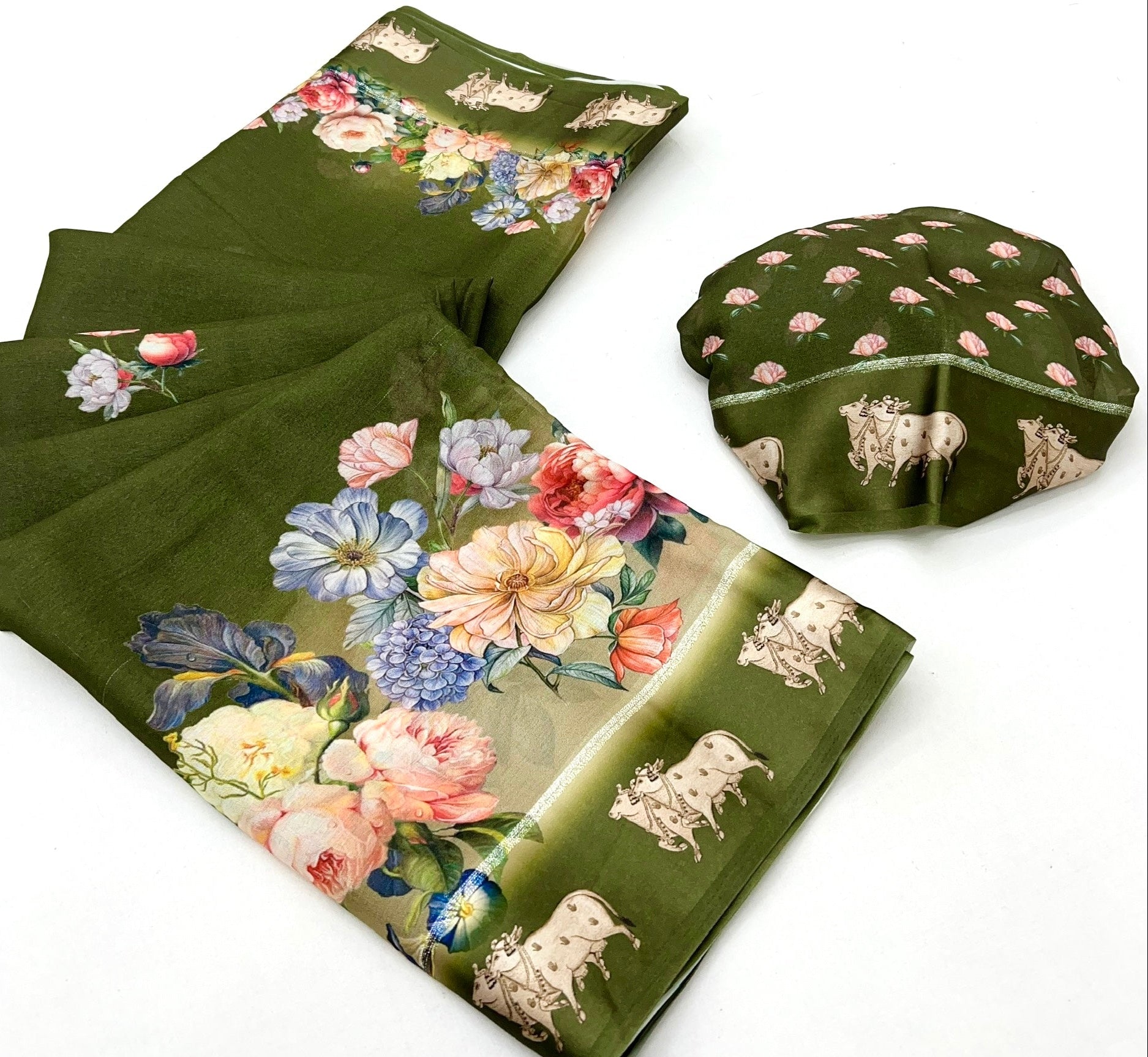 Harlequin Green Pure Georgette Floral Printed Trending Saree