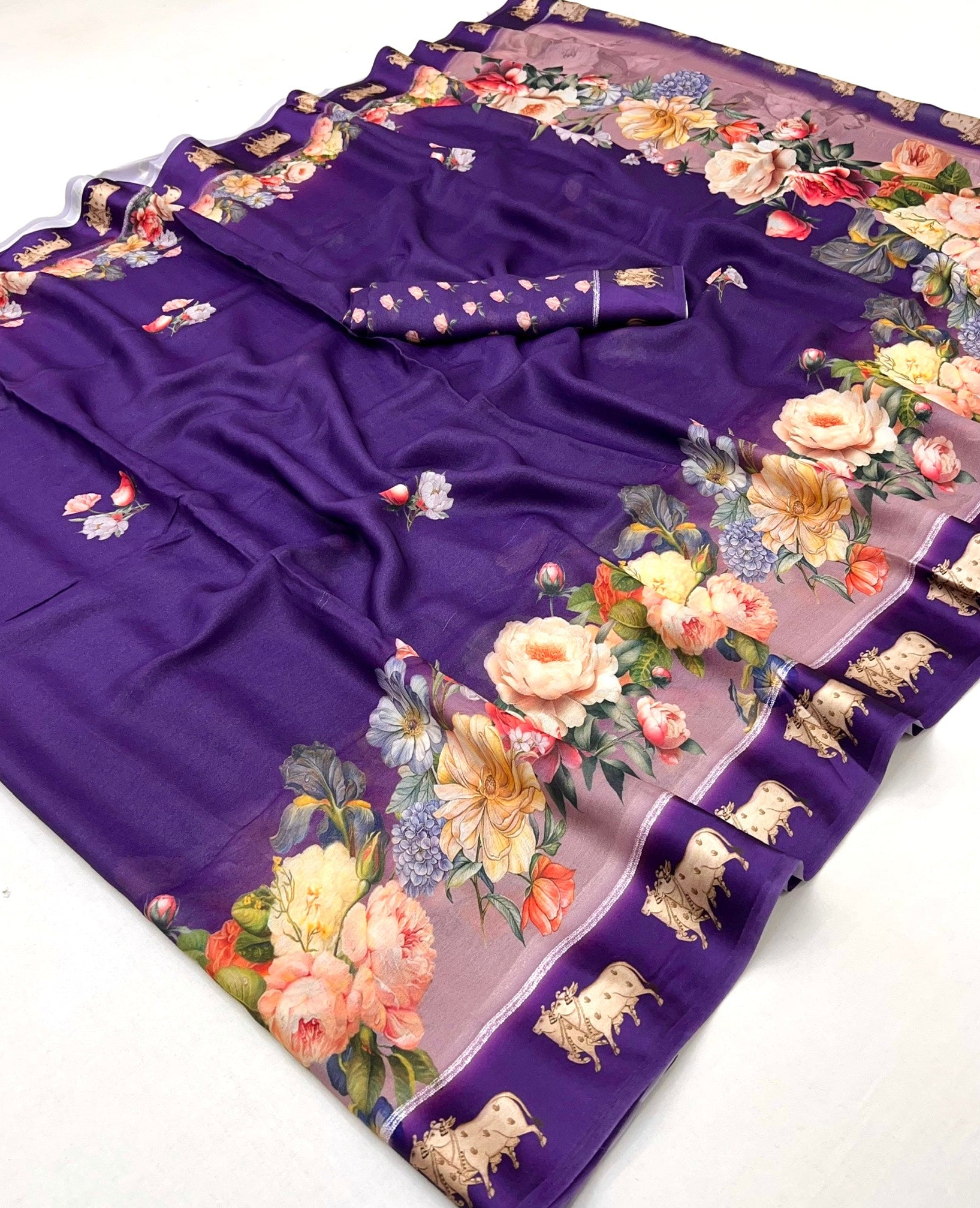 Tyrian Purple Pure Georgette Floral Printed Trending Saree