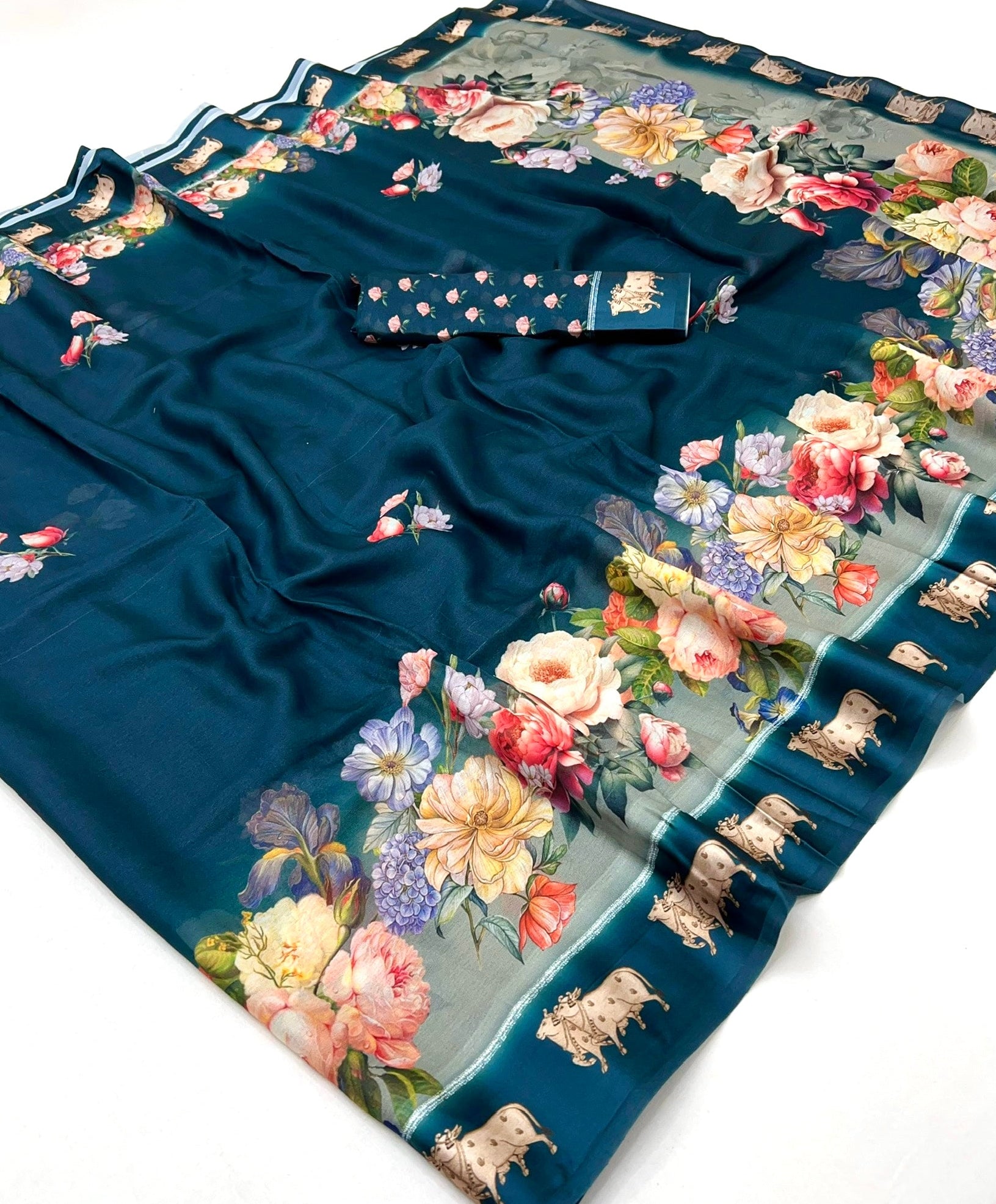 Vista Blue Pure Georgette Floral Printed Trending Saree