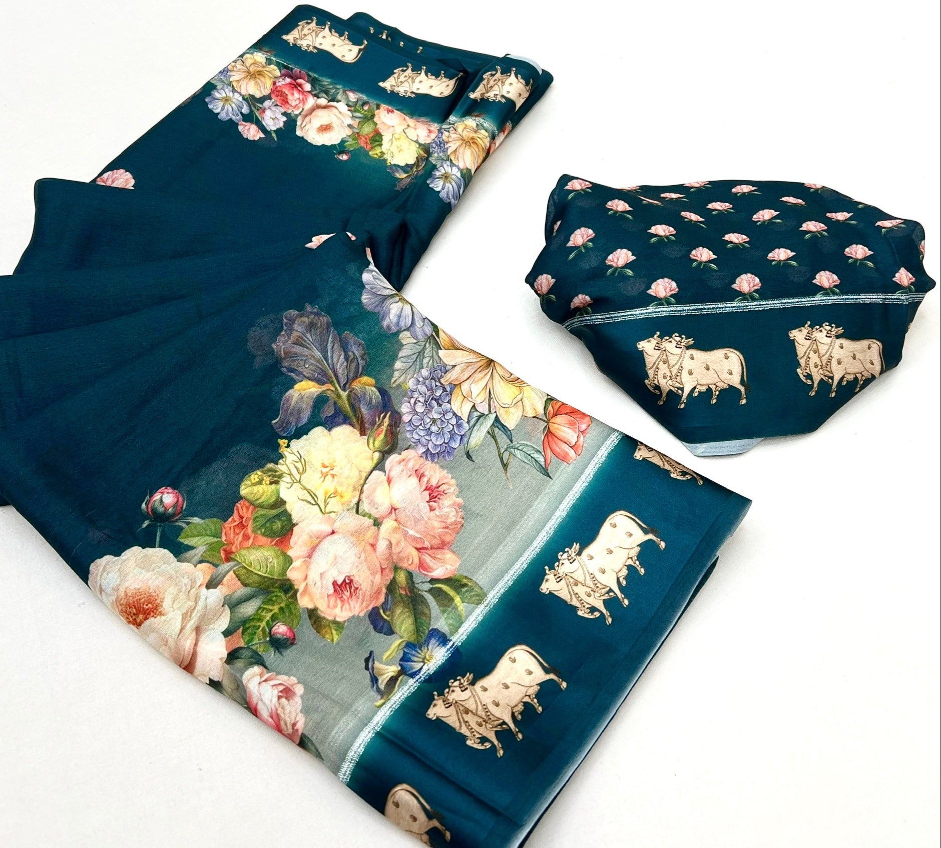 Vista Blue Pure Georgette Floral Printed Trending Saree