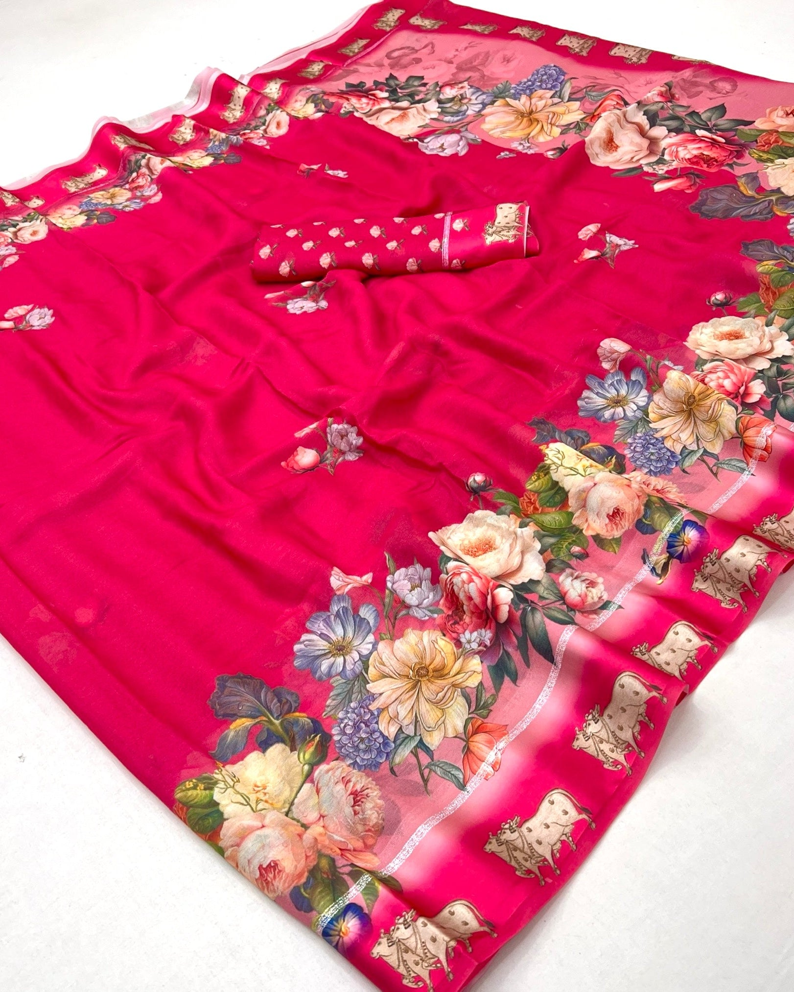 Rouge Pink Pure Georgette Floral Printed Trending Saree