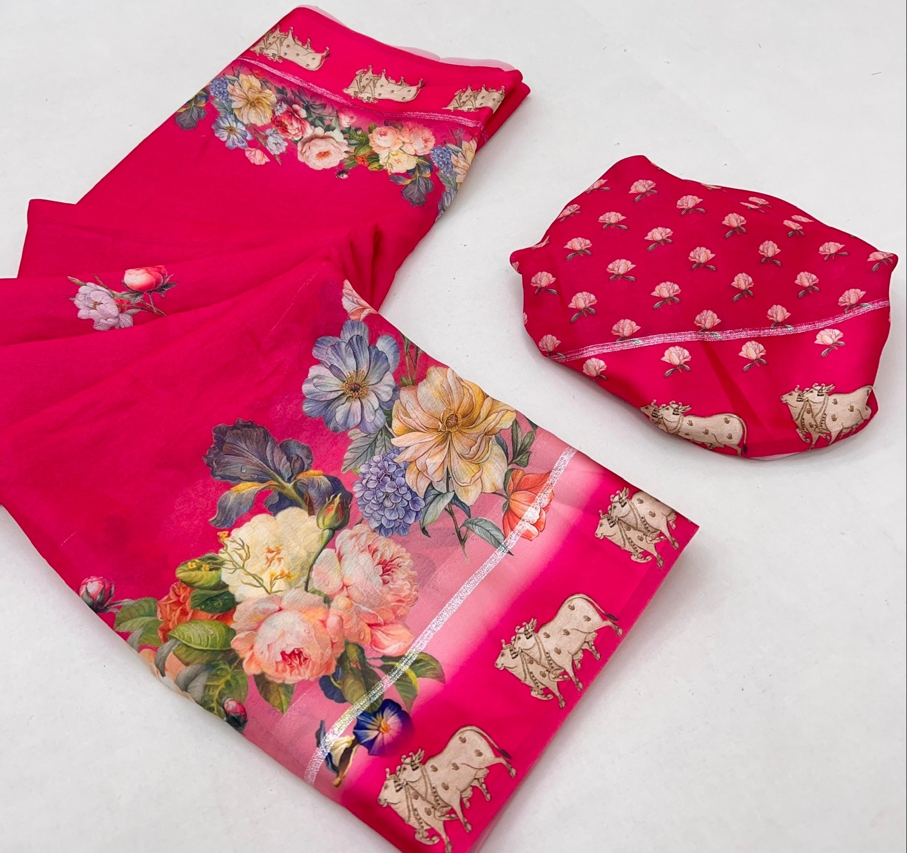 Rouge Pink Pure Georgette Floral Printed Trending Saree