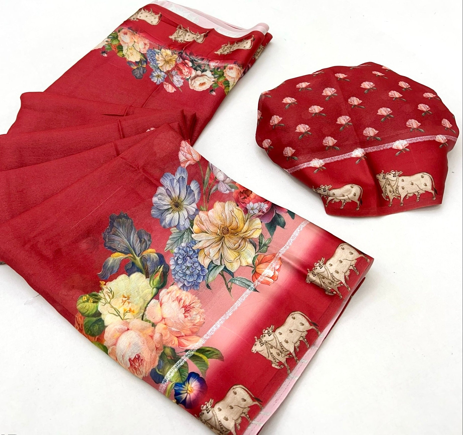 Mahogany Red Pure Georgette Floral Printed Trending Saree