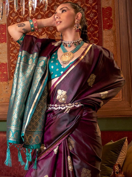 Eggplant Handloom Woven Banarasi Satin Silk Blend Saree