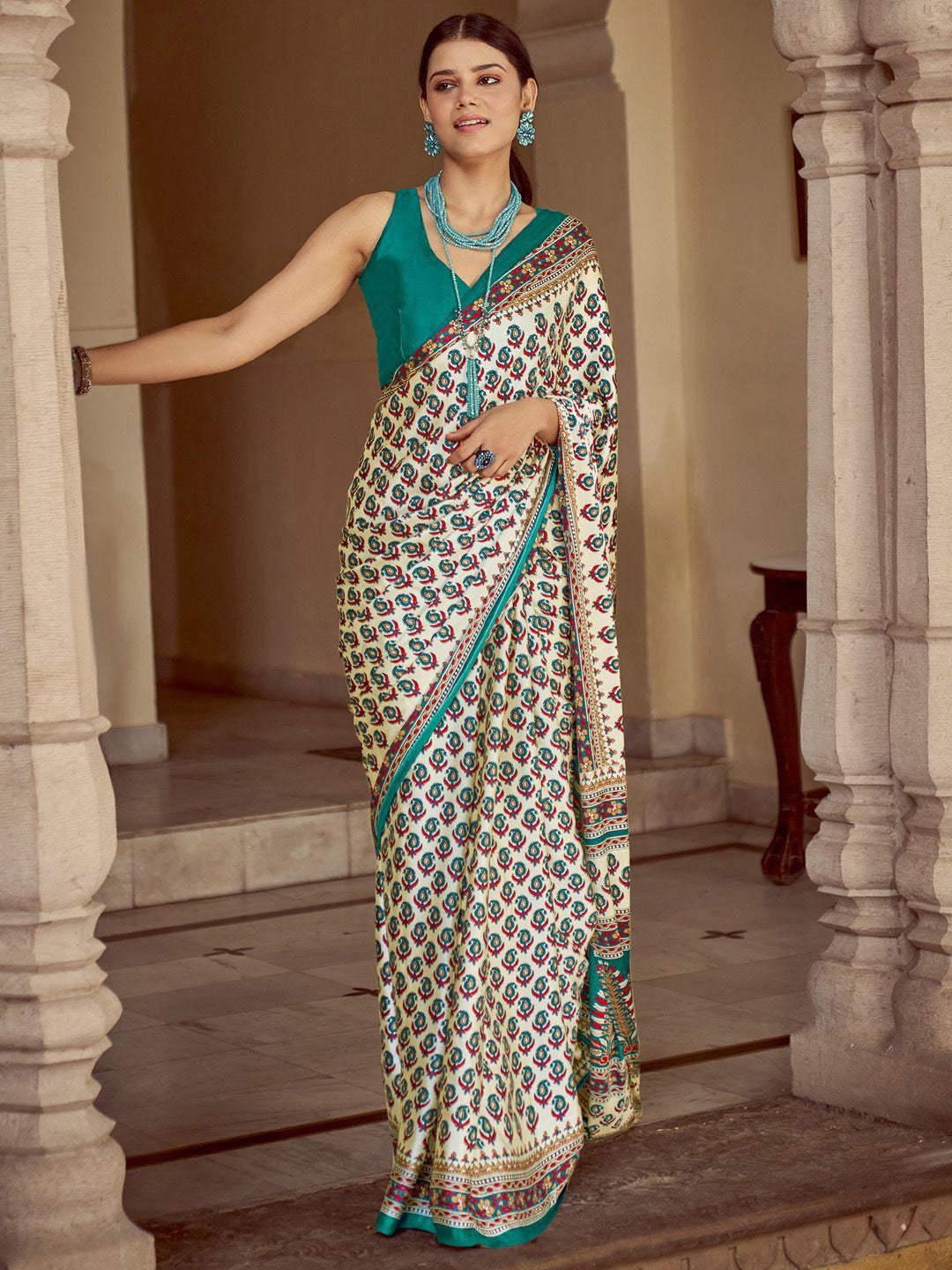 Snowy White New Ajrakh Printed Satin Crepe Saree