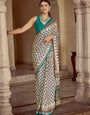 Snowy White New Ajrakh Printed Satin Crepe Saree