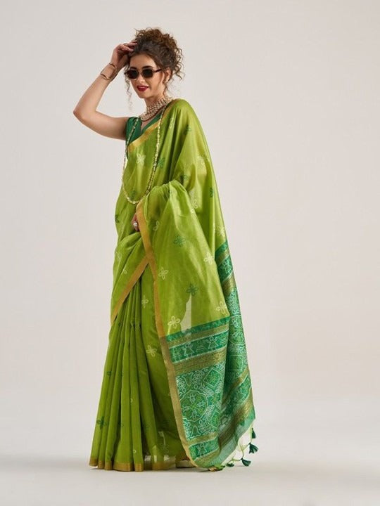 Parrot Green Patola Handloom Saree With Fancy Blouse