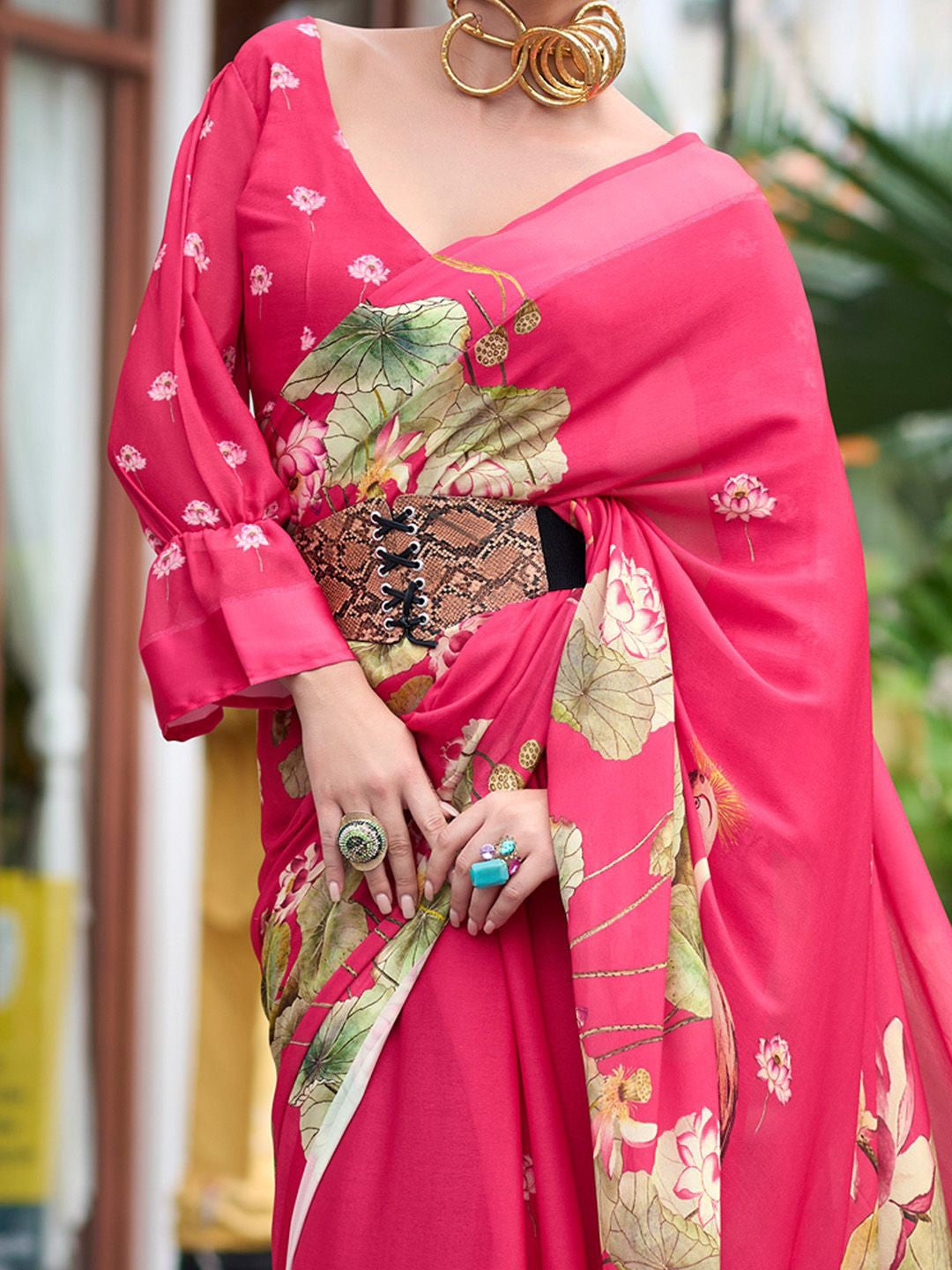 Strawberry Pink Pure Georgette Floral Printed Trending Saree