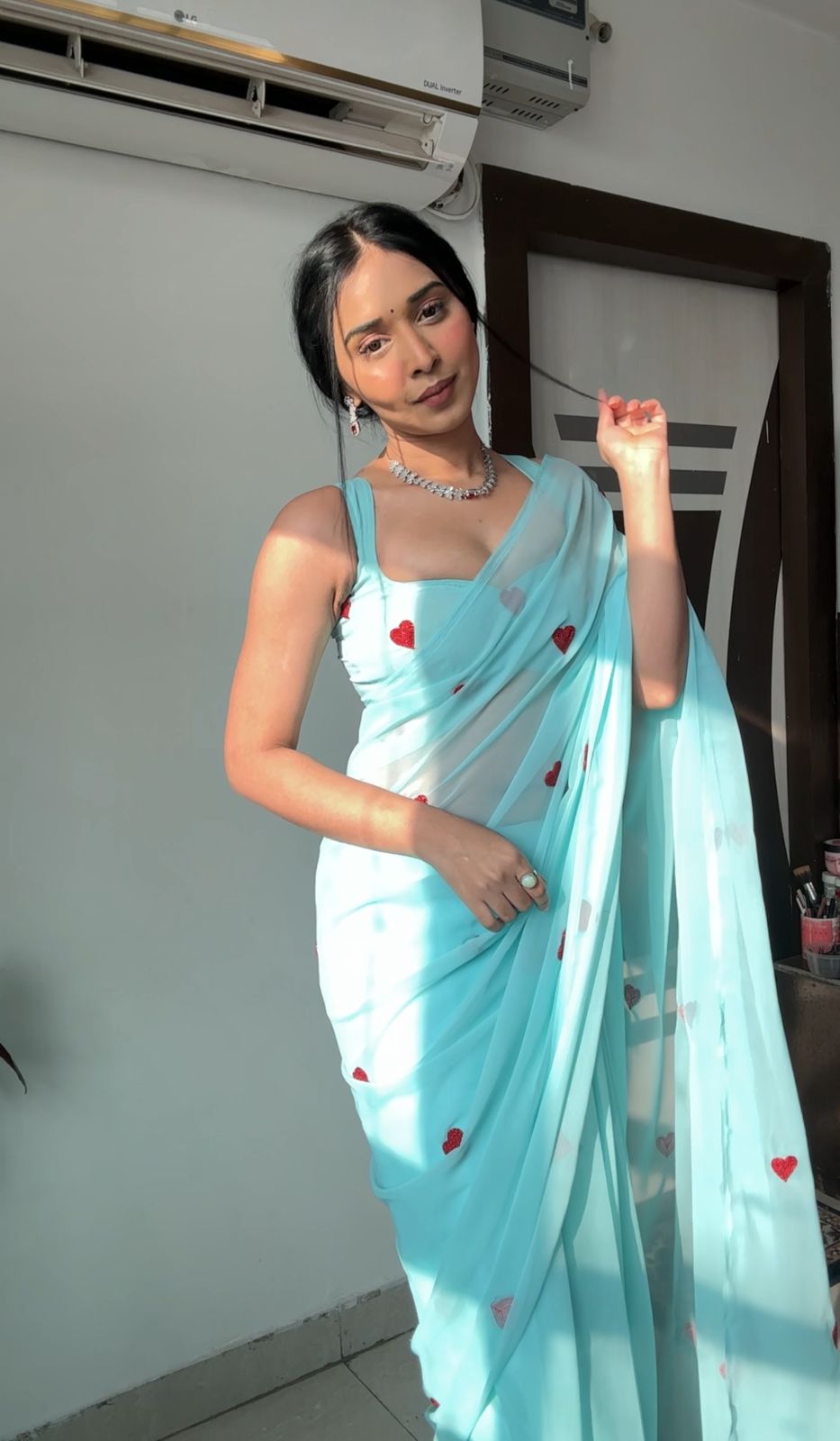 Surprising 1-Minute Ready To Wear Sky Georgette Saree