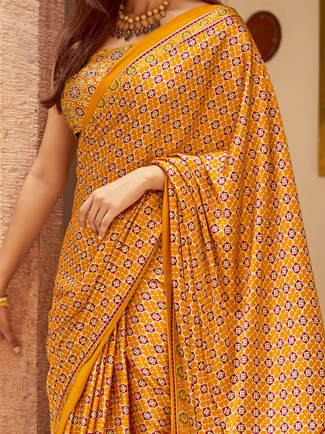 Mustard New Ajrakh Printed Satin Crepe Saree