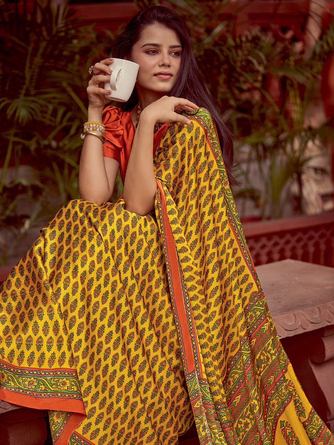 Yellow New Ajrakh Printed Satin Crepe Saree