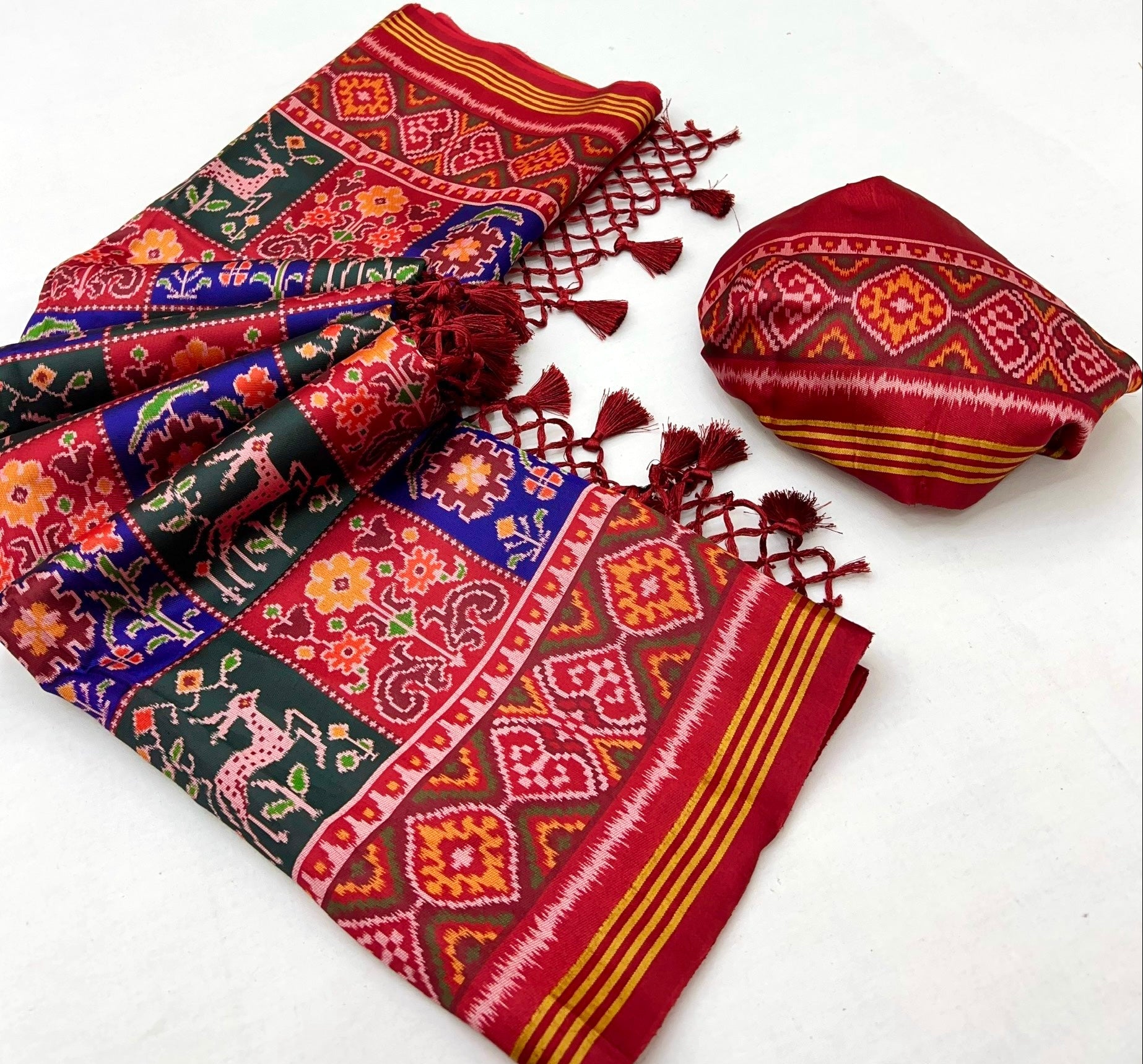 Blue With Maroon Border Handloom Patola Soft Silk Saree