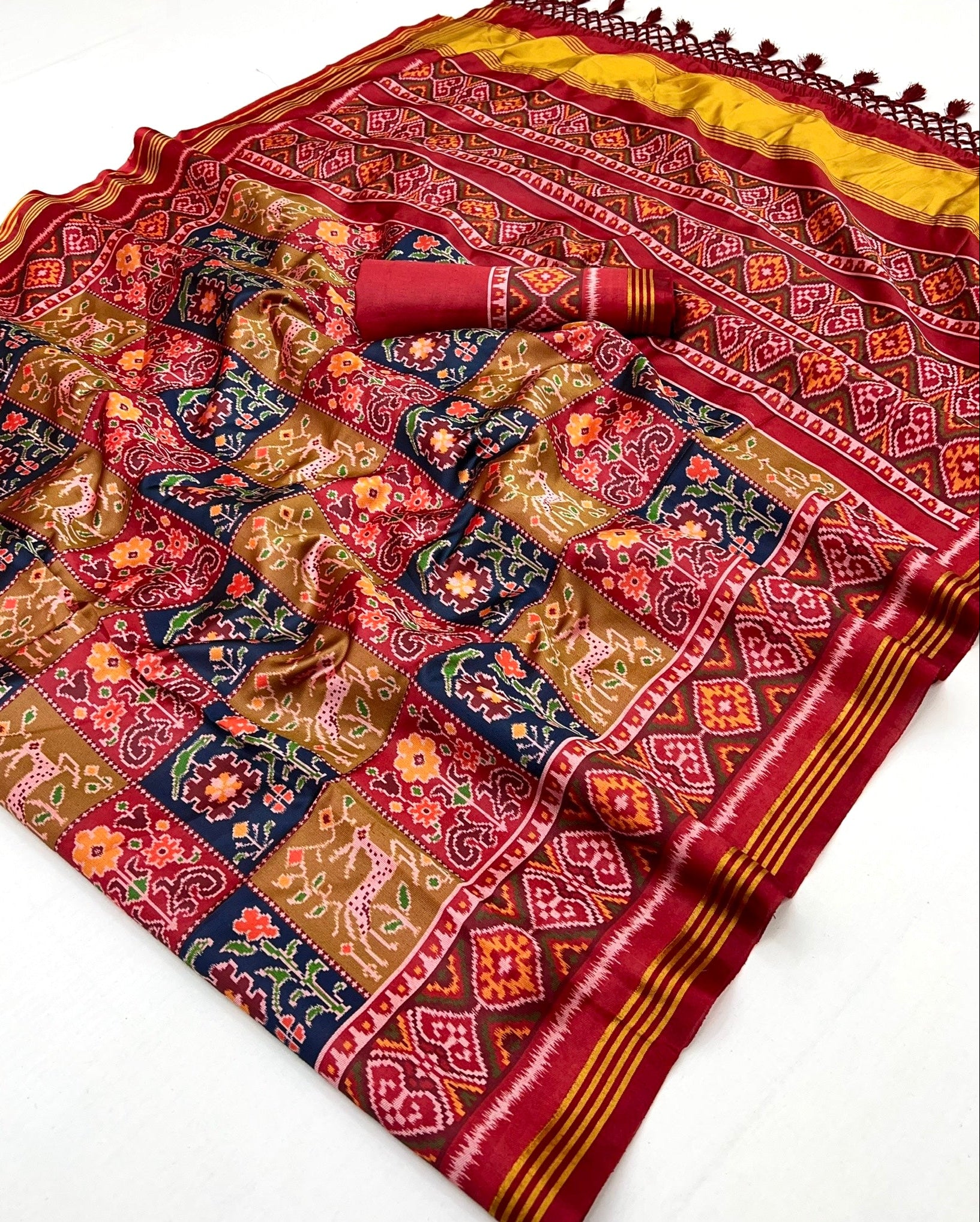 Indigo With Maroon Border Handloom Patola Soft Silk Saree