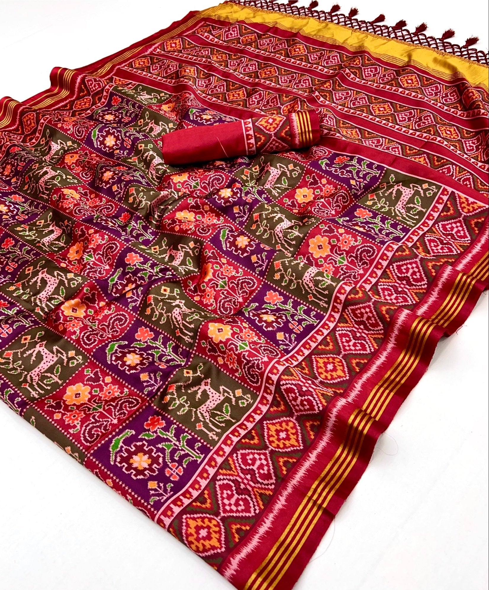 Wine With Maroon Border Handloom Patola Soft Silk Saree