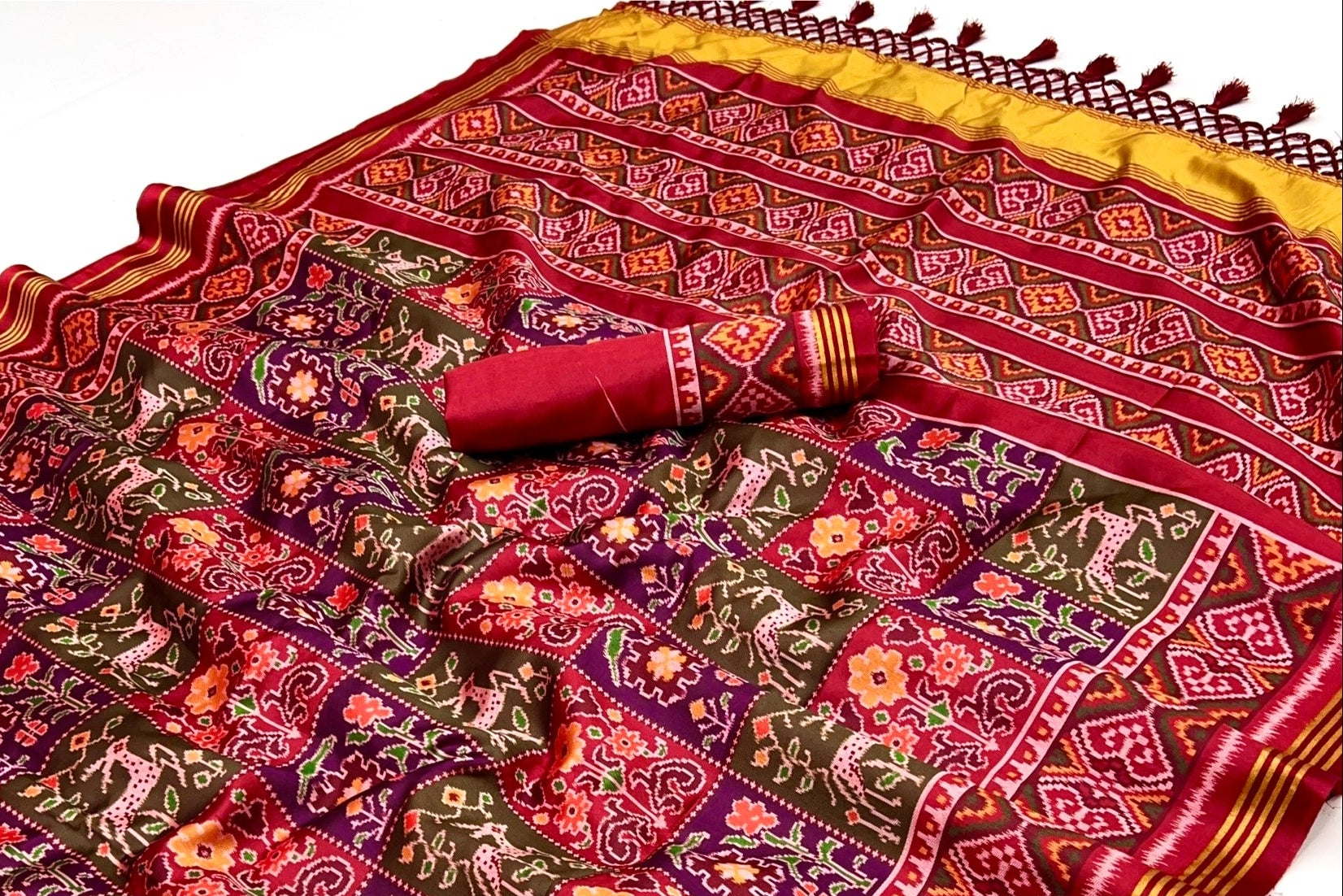 Wine With Maroon Border Handloom Patola Soft Silk Saree