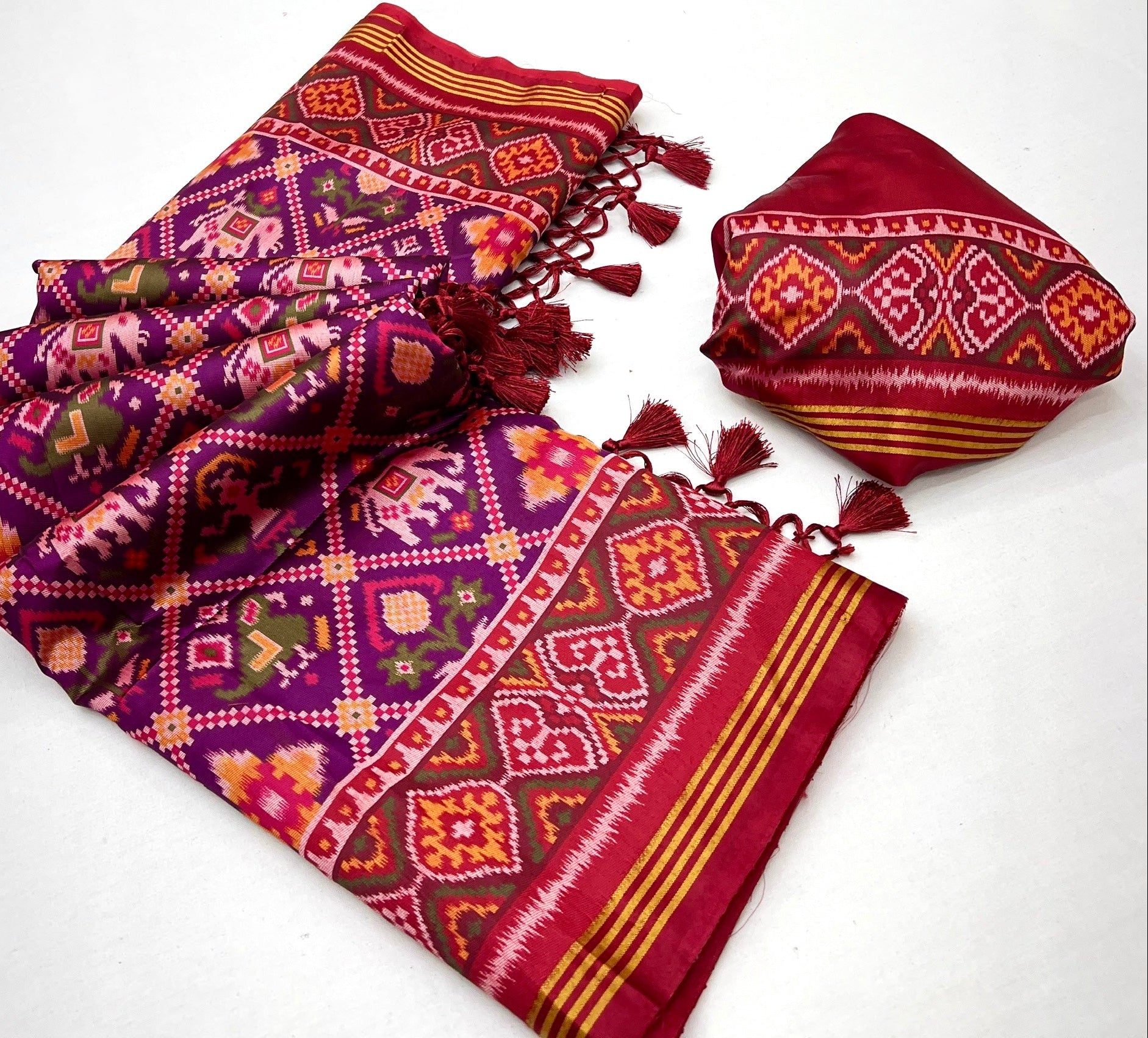 Woebegone Wine Handloom Patola Soft Silk Saree