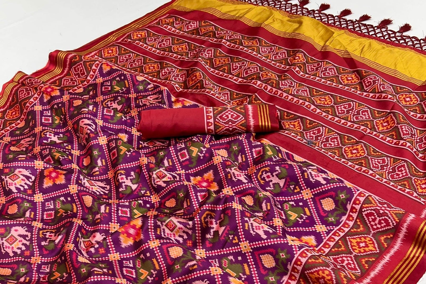 Woebegone Wine Handloom Patola Soft Silk Saree