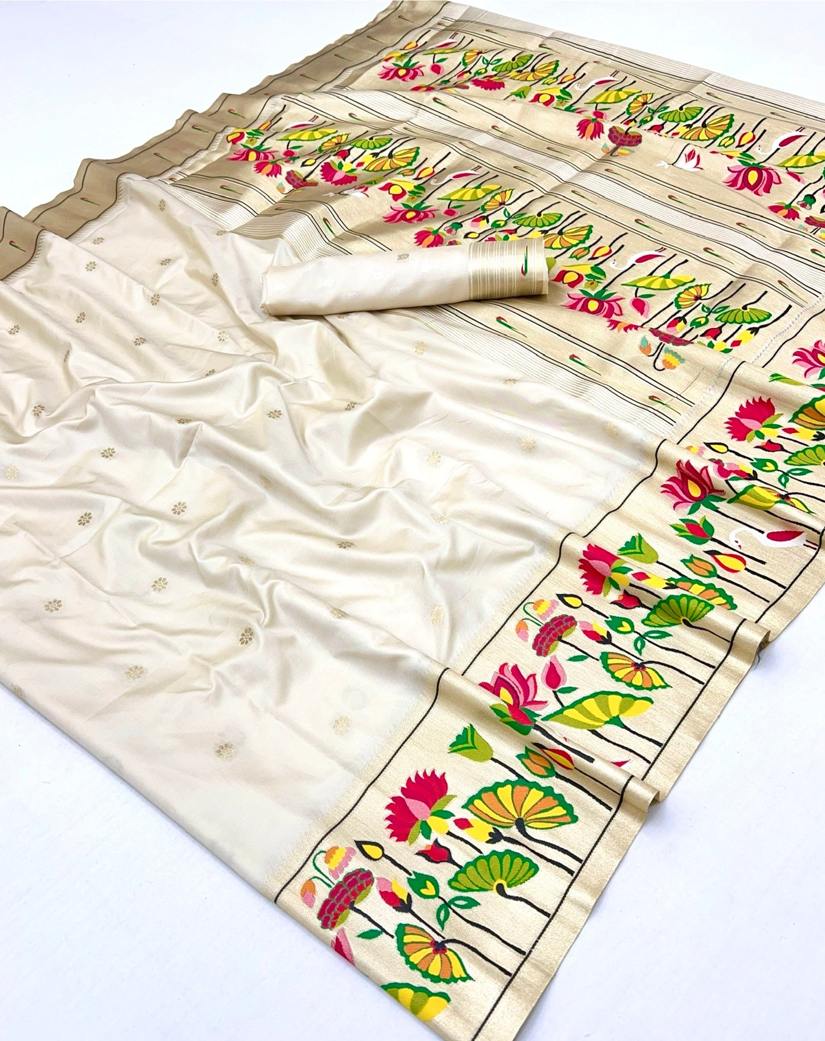 Milk White Woven Paithani Soft Silk Saree