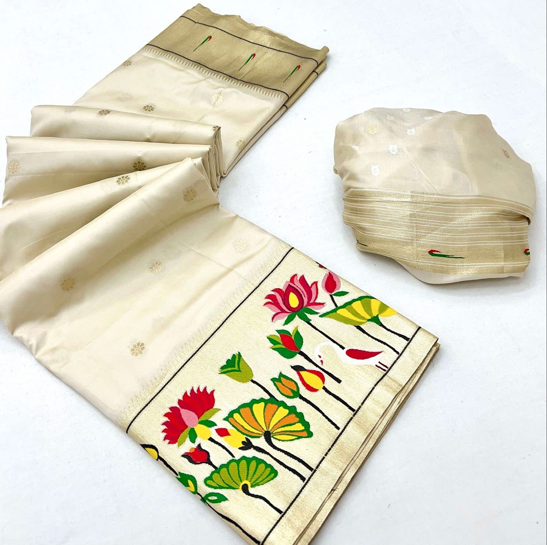 Milk White Woven Paithani Soft Silk Saree