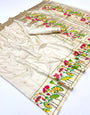 Milk White Woven Paithani Soft Silk Saree