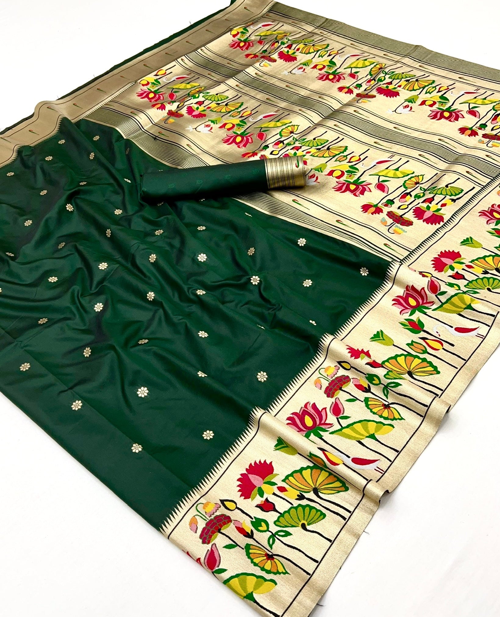Aztec Green Woven Paithani Soft Silk Saree