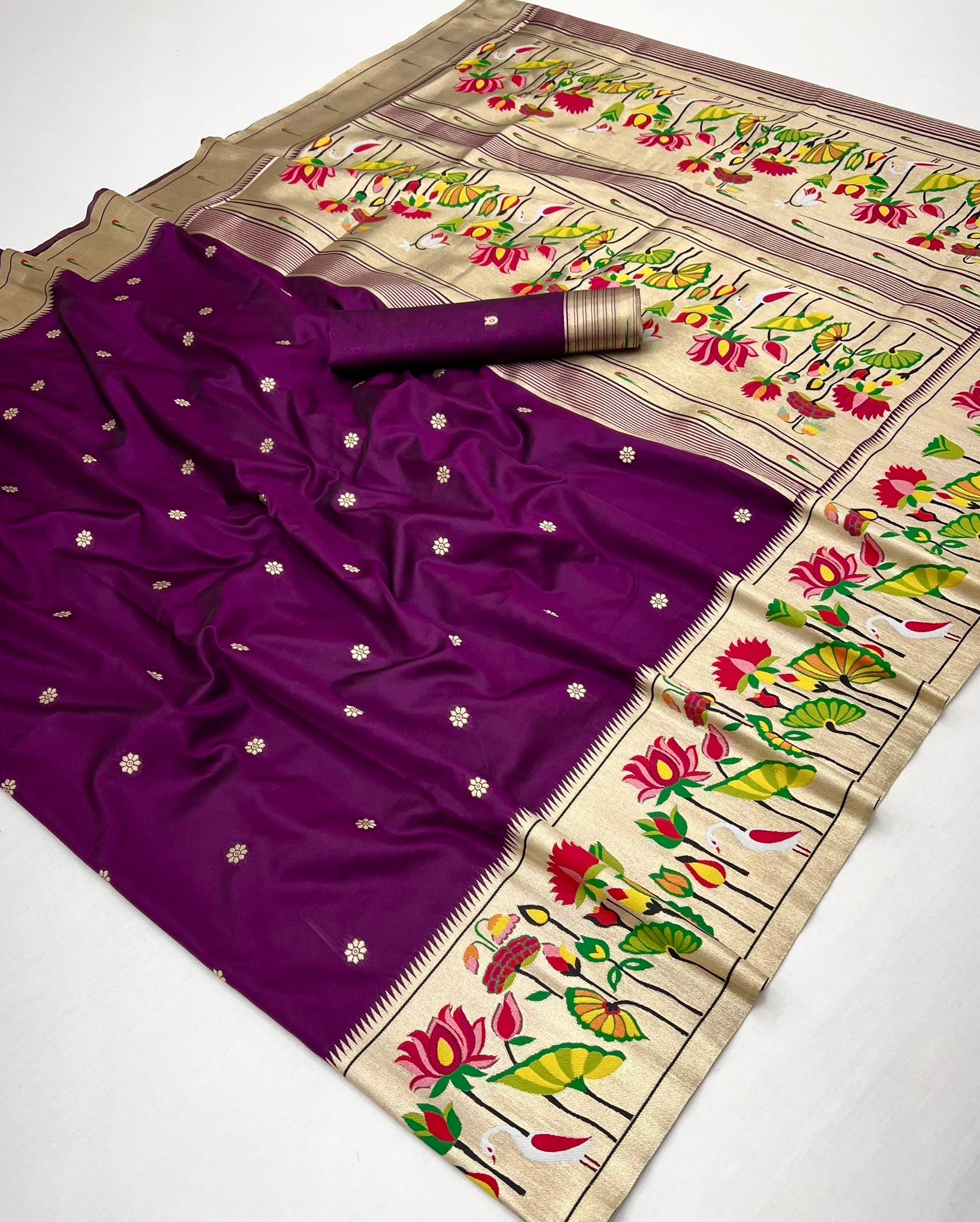 Stunning Wine Woven Paithani Soft Silk Saree