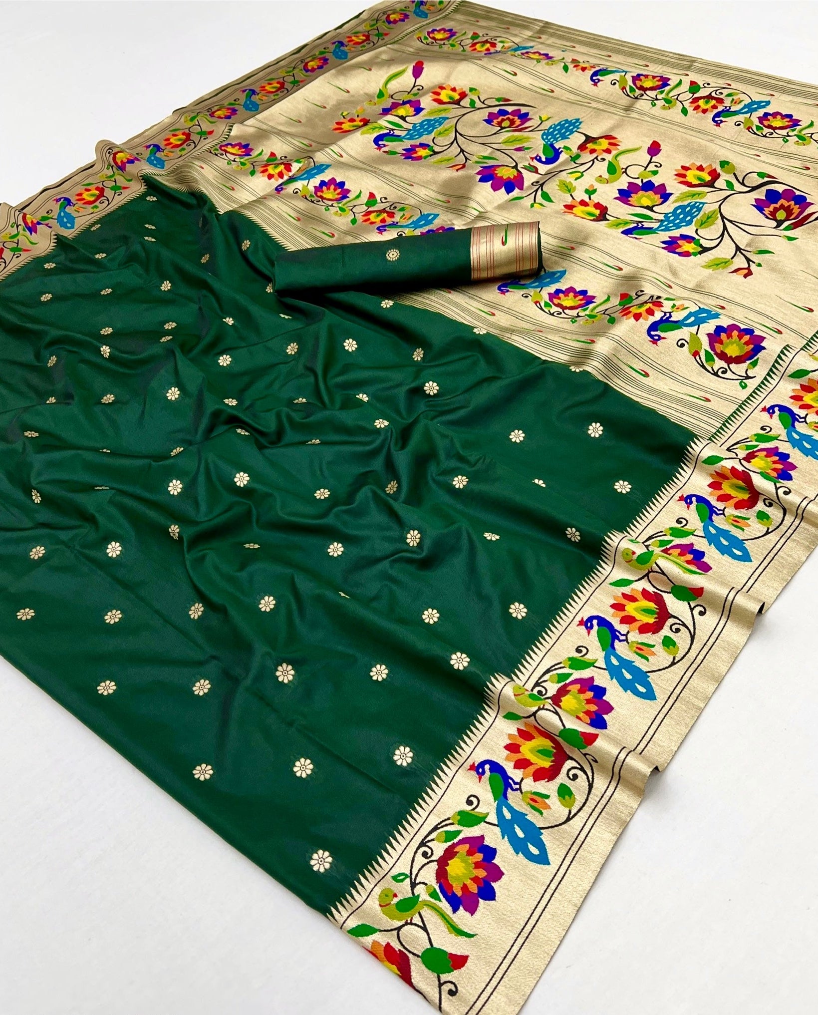 Smart Dark Green Paithani Silk Saree With Staring Blouse Piece