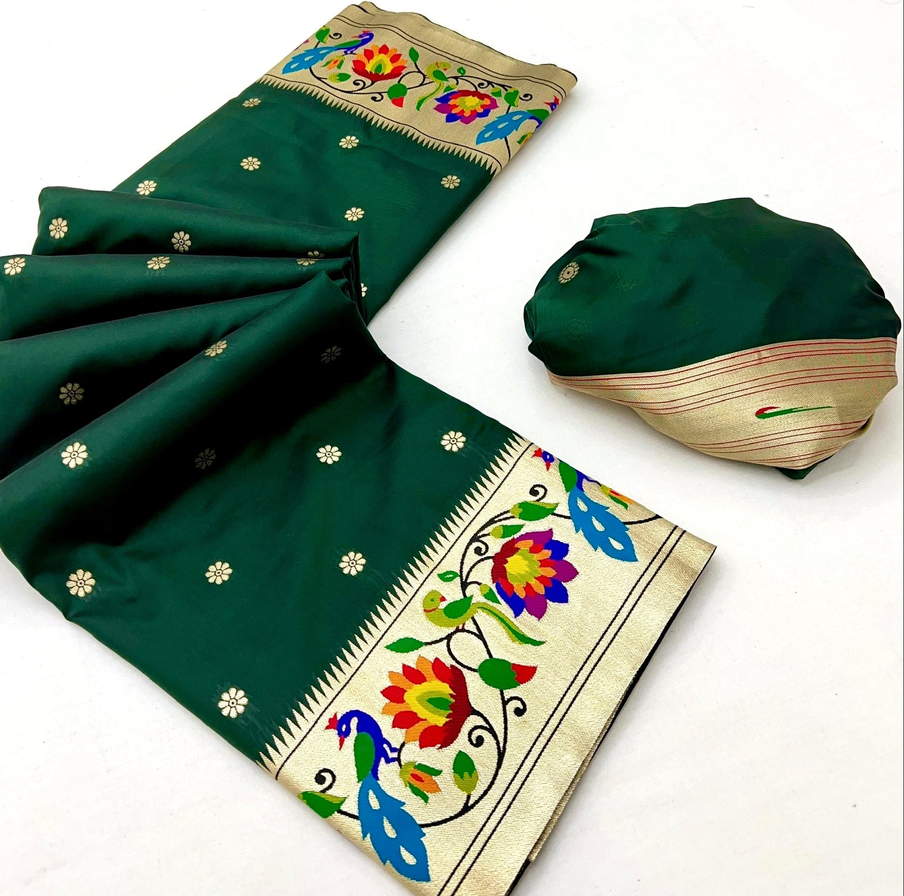 Smart Dark Green Paithani Silk Saree With Staring Blouse Piece