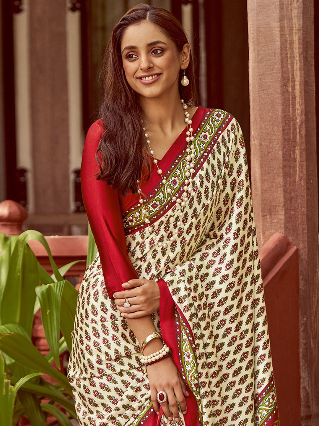 Vanilla New Ajrakh Printed Satin Crepe Saree