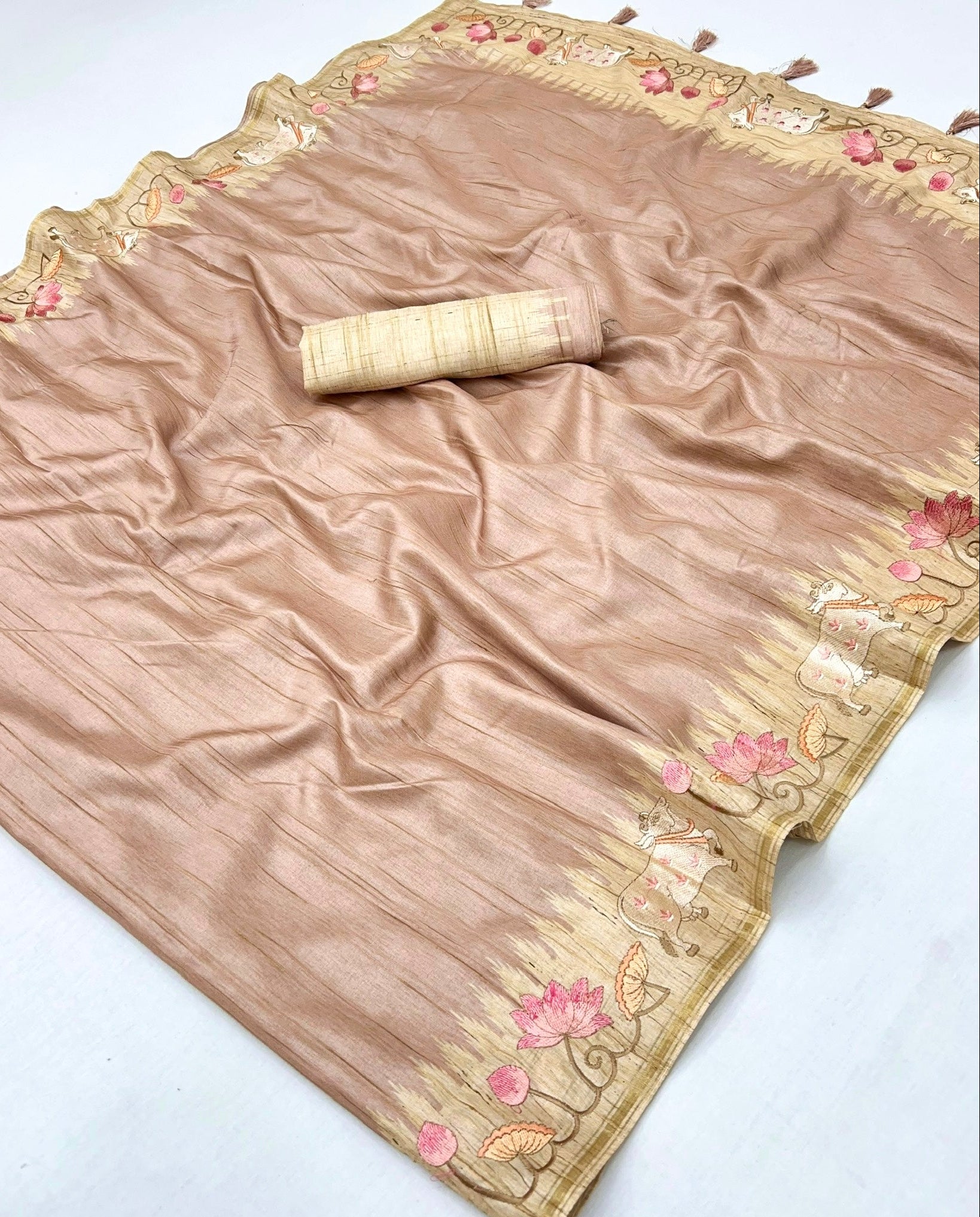 Peach Tussar Soft Silk Saree
