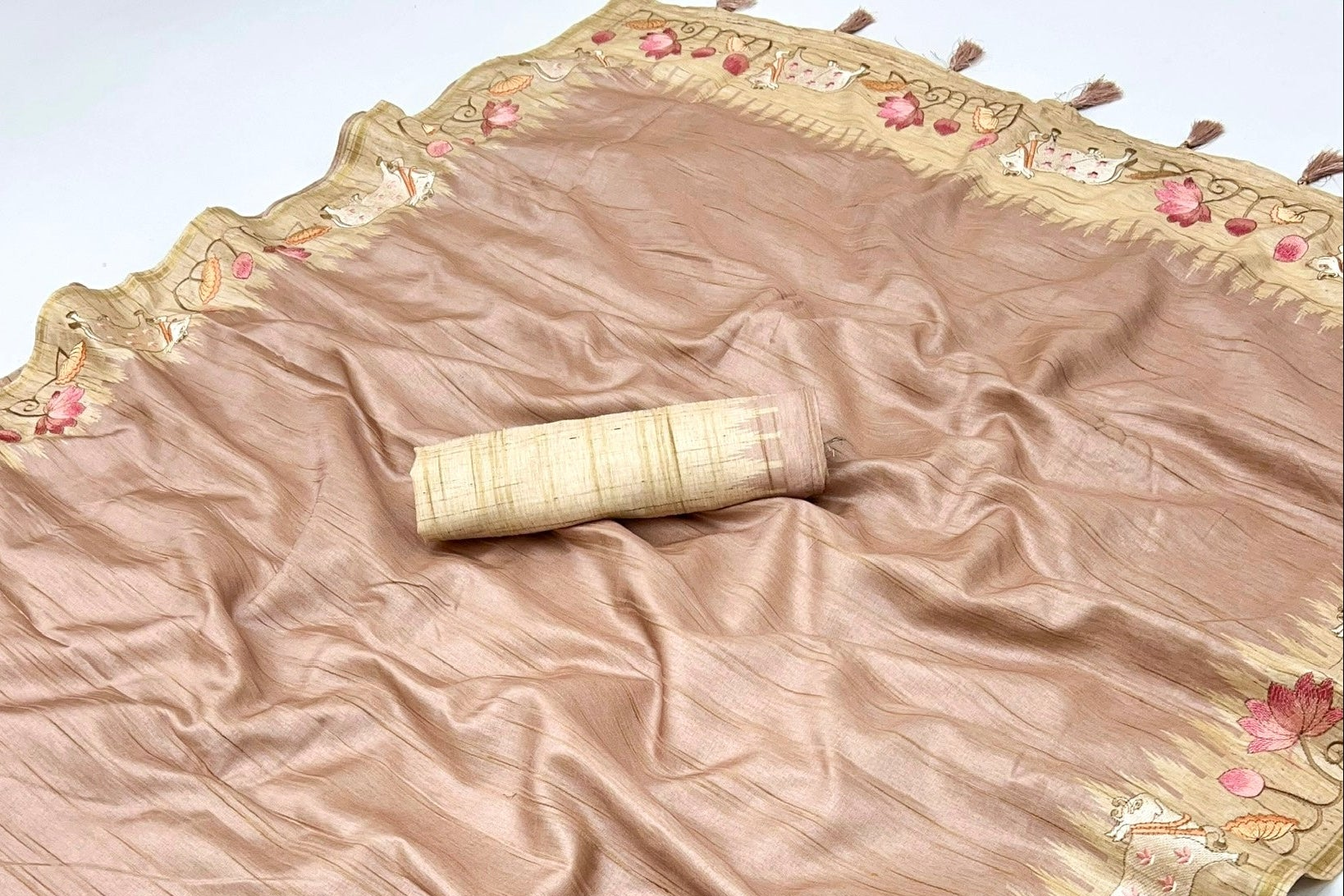 Peach Tussar Soft Silk Saree