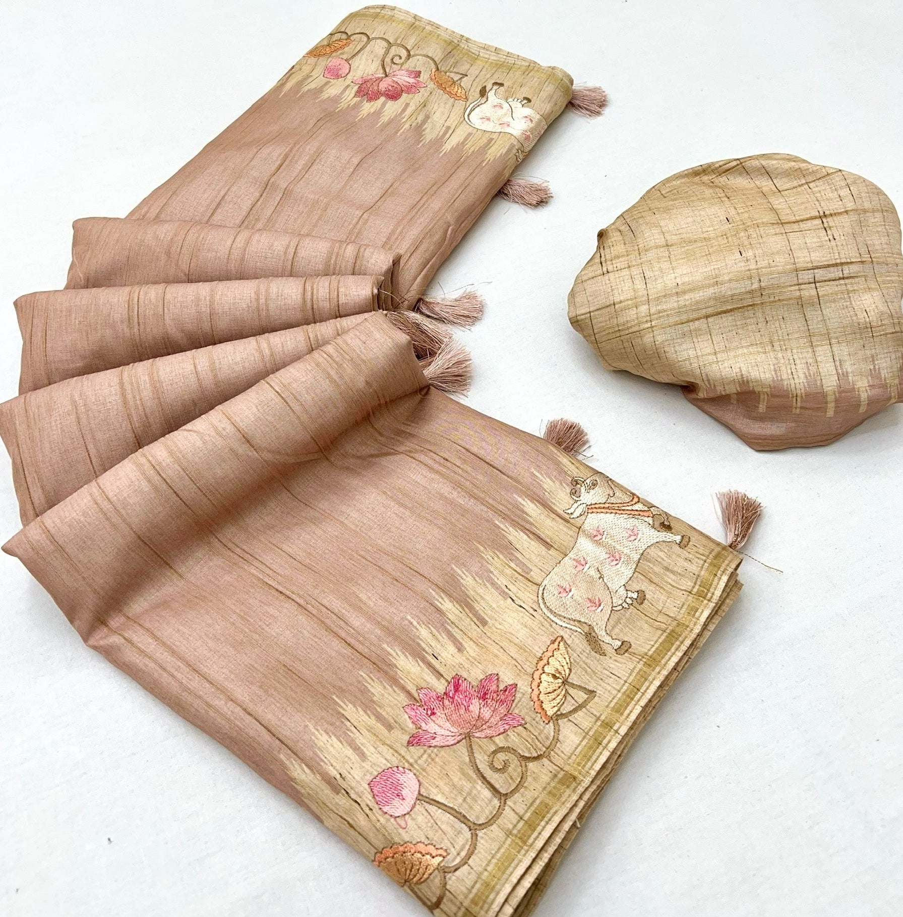 Peach Tussar Soft Silk Saree