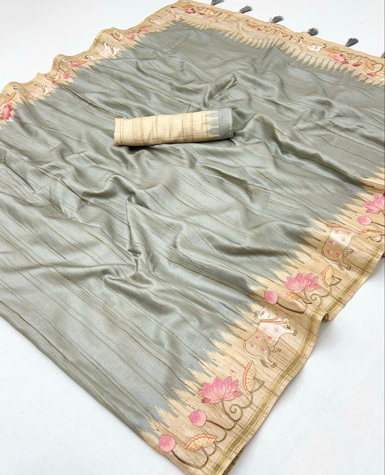 Grey Tussar Soft Silk Saree