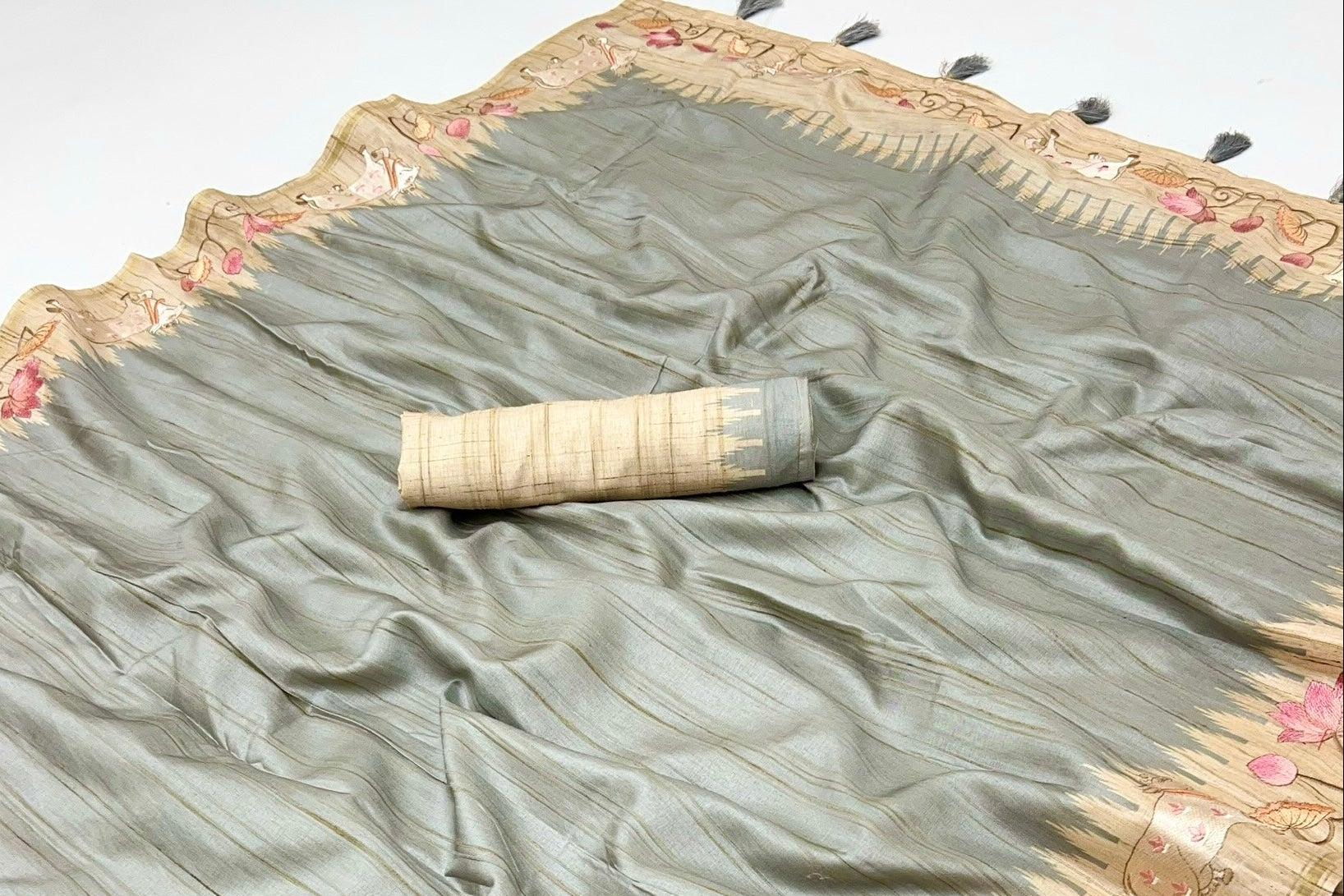 Grey Tussar Soft Silk Saree