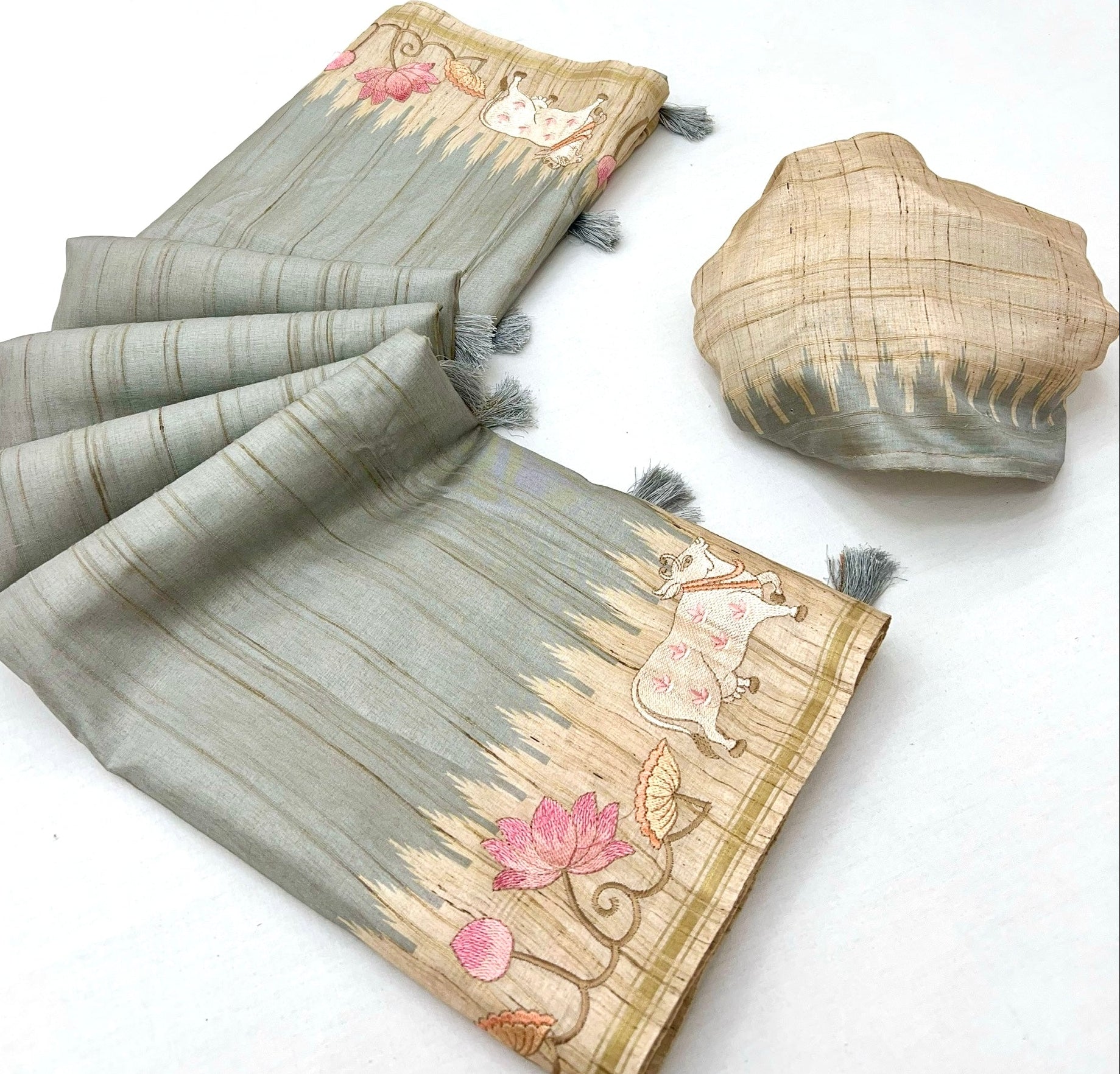 Grey Tussar Soft Silk Saree