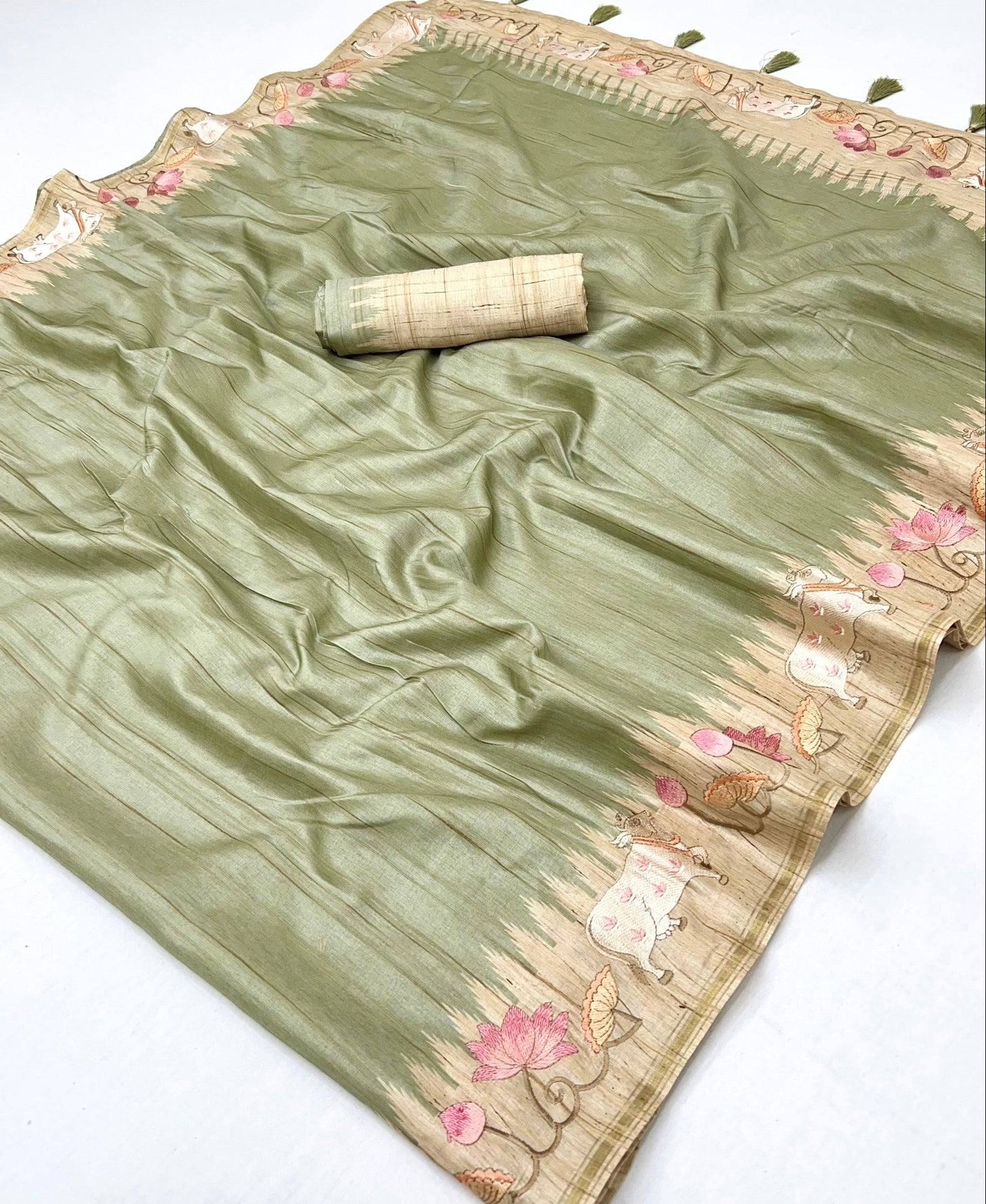 Light Green Tussar Soft Silk Saree