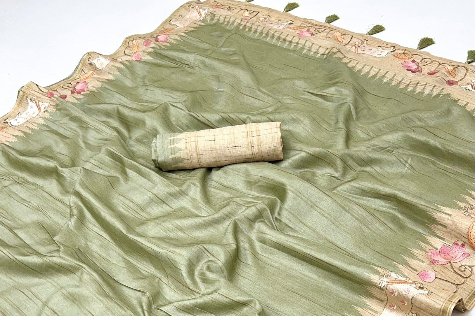 Light Green Tussar Soft Silk Saree