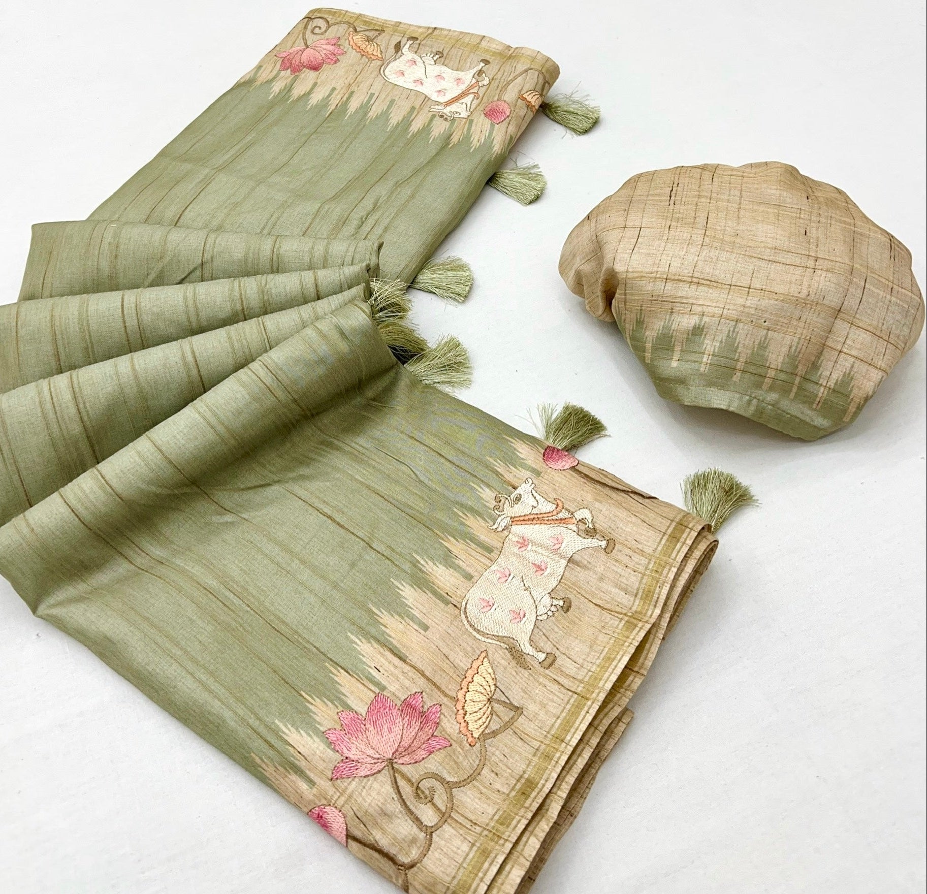 Light Green Tussar Soft Silk Saree