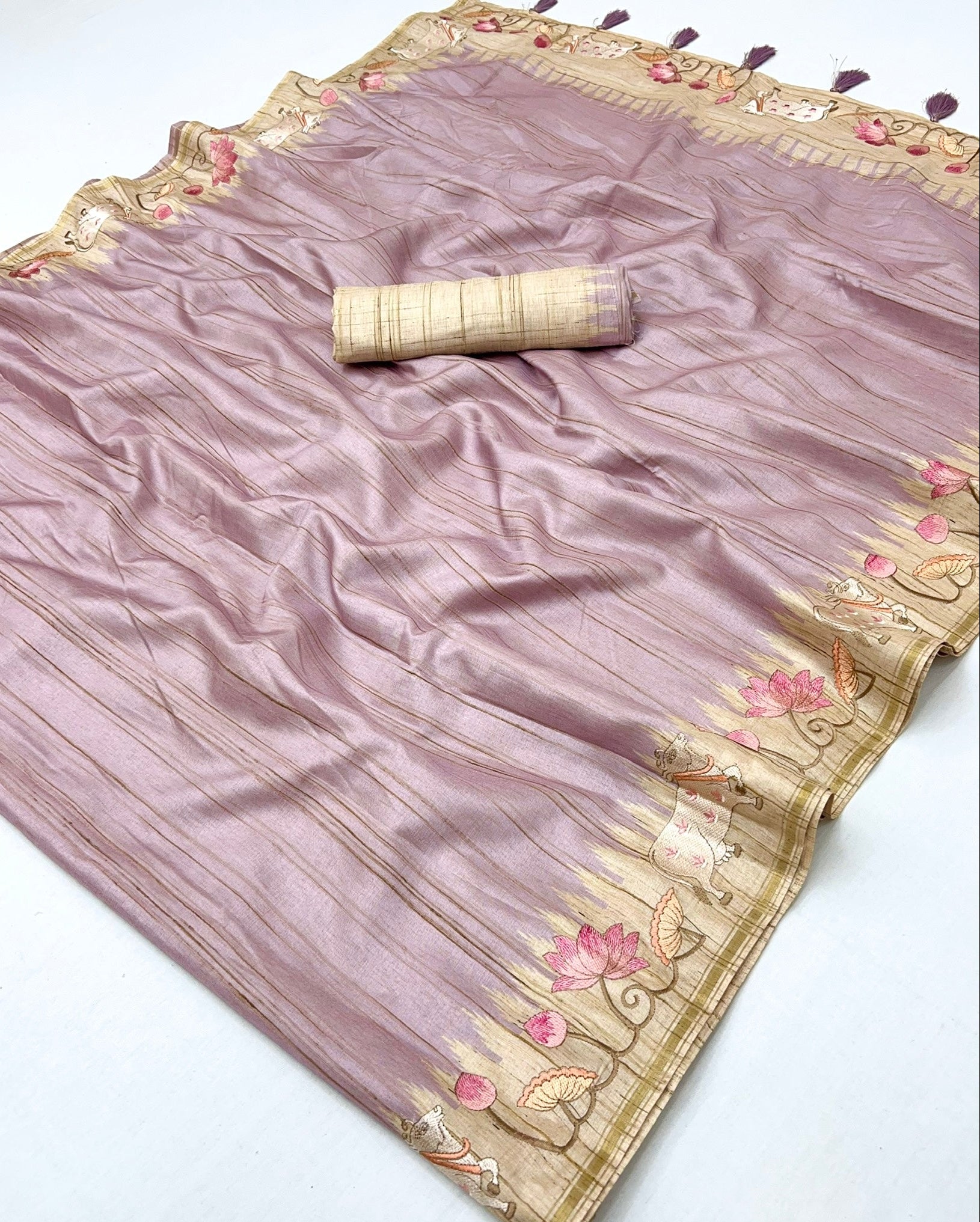 Light Pink Tussar Soft Silk Saree