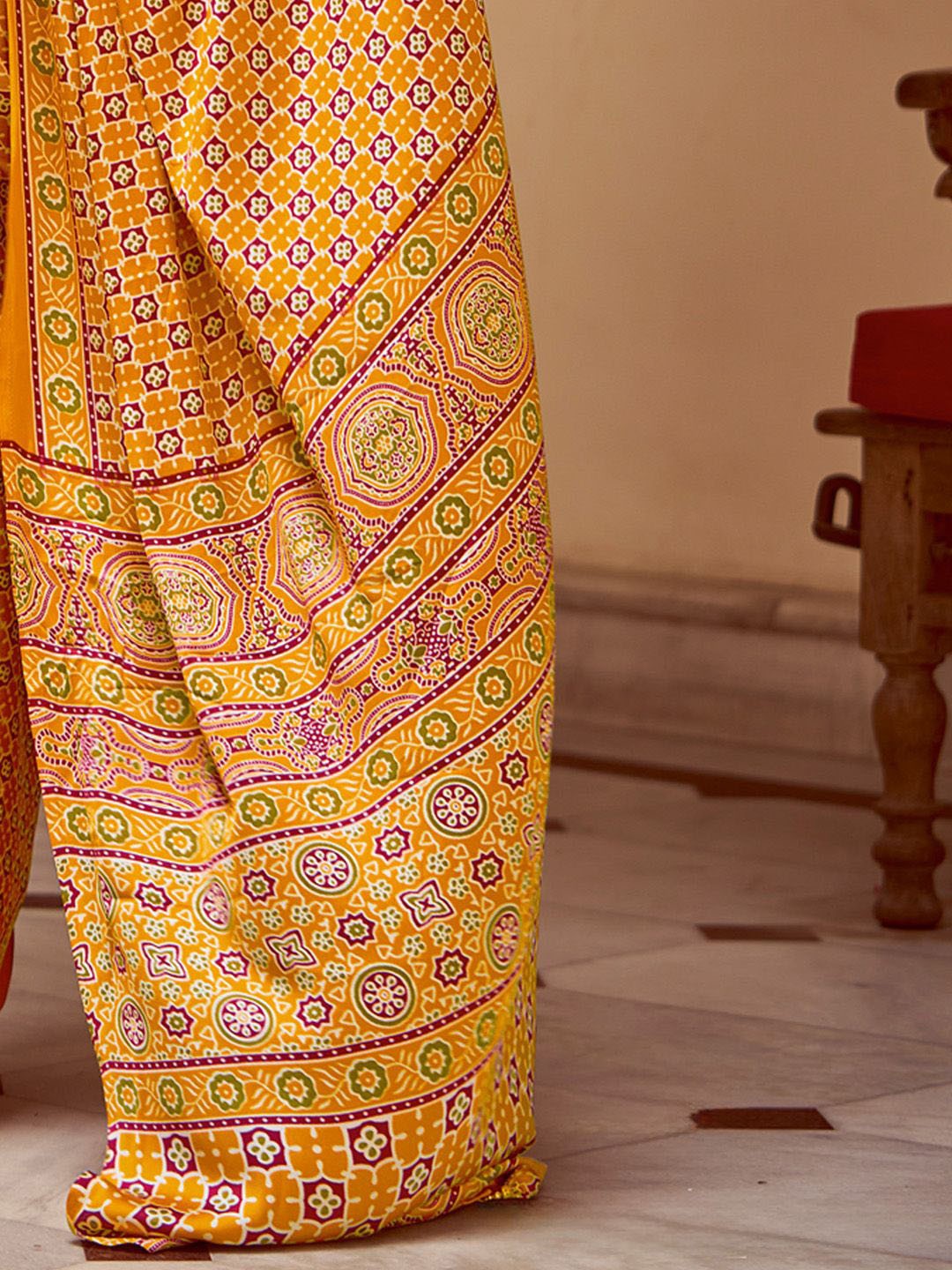 Mustard New Ajrakh Printed Satin Crepe Saree