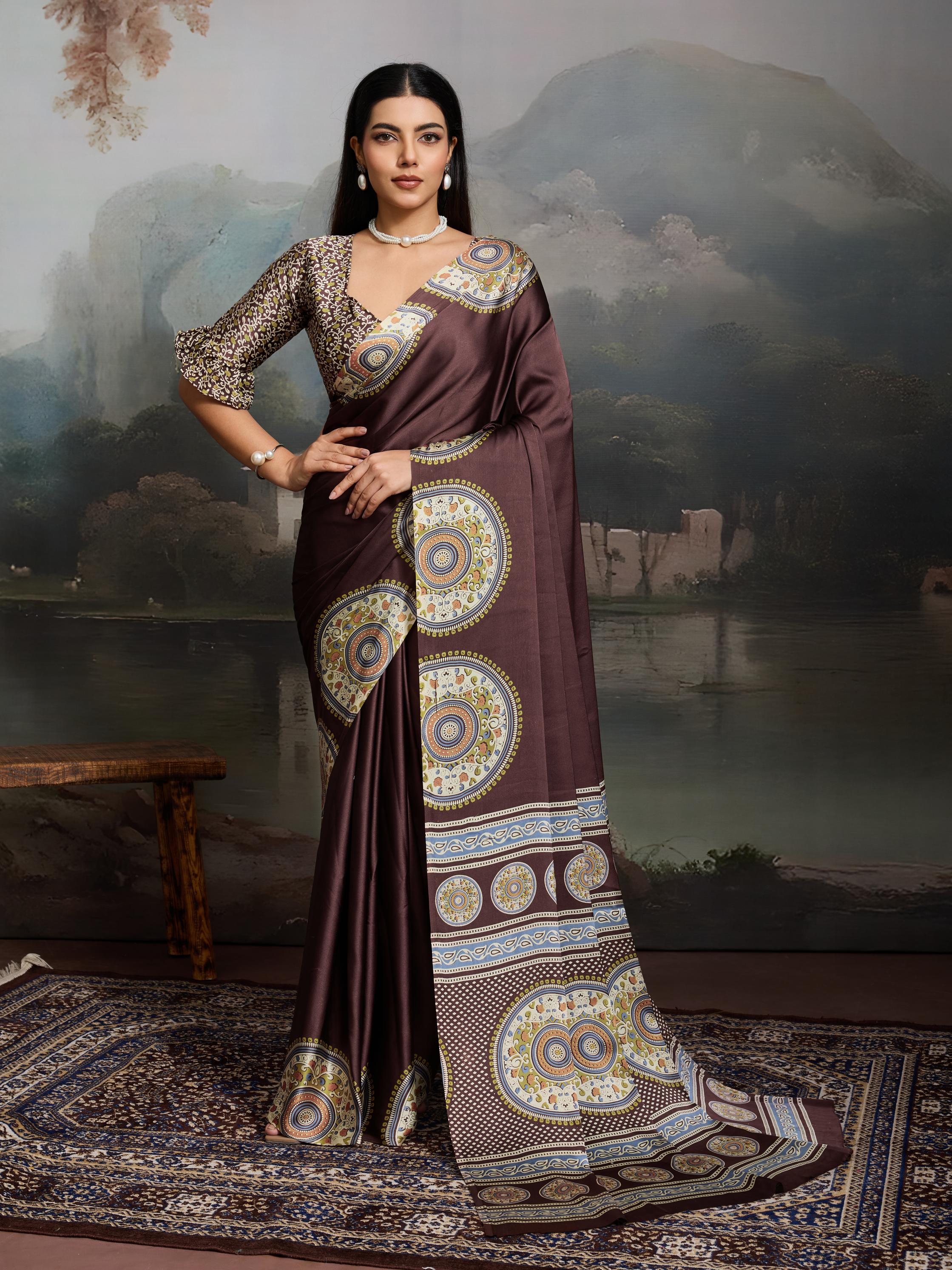 Brunette Brown Ajrakh Printed Satin Crepe Silk Saree