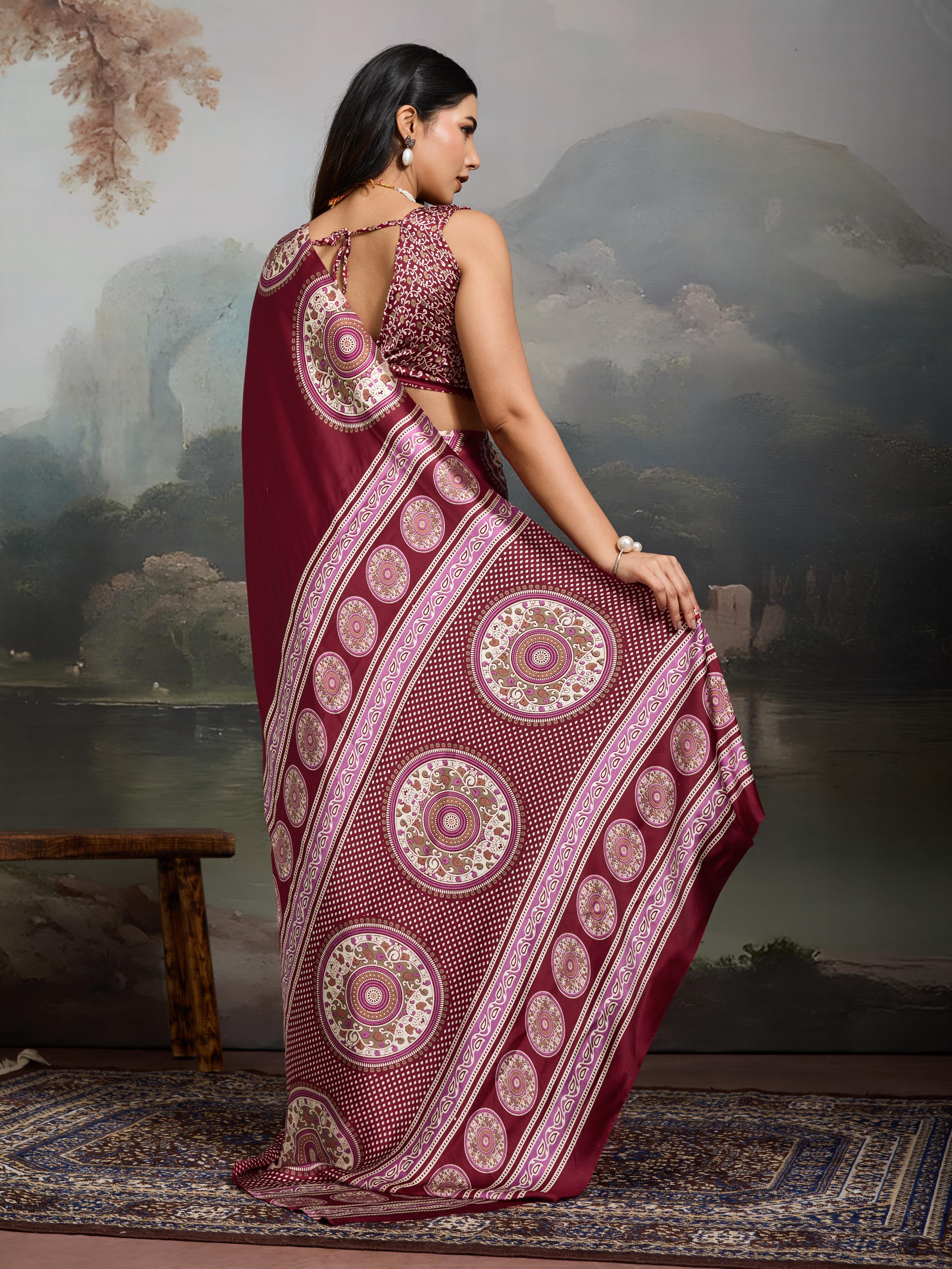 Anemones Maroon Ajrakh Printed Satin Crepe Silk Saree