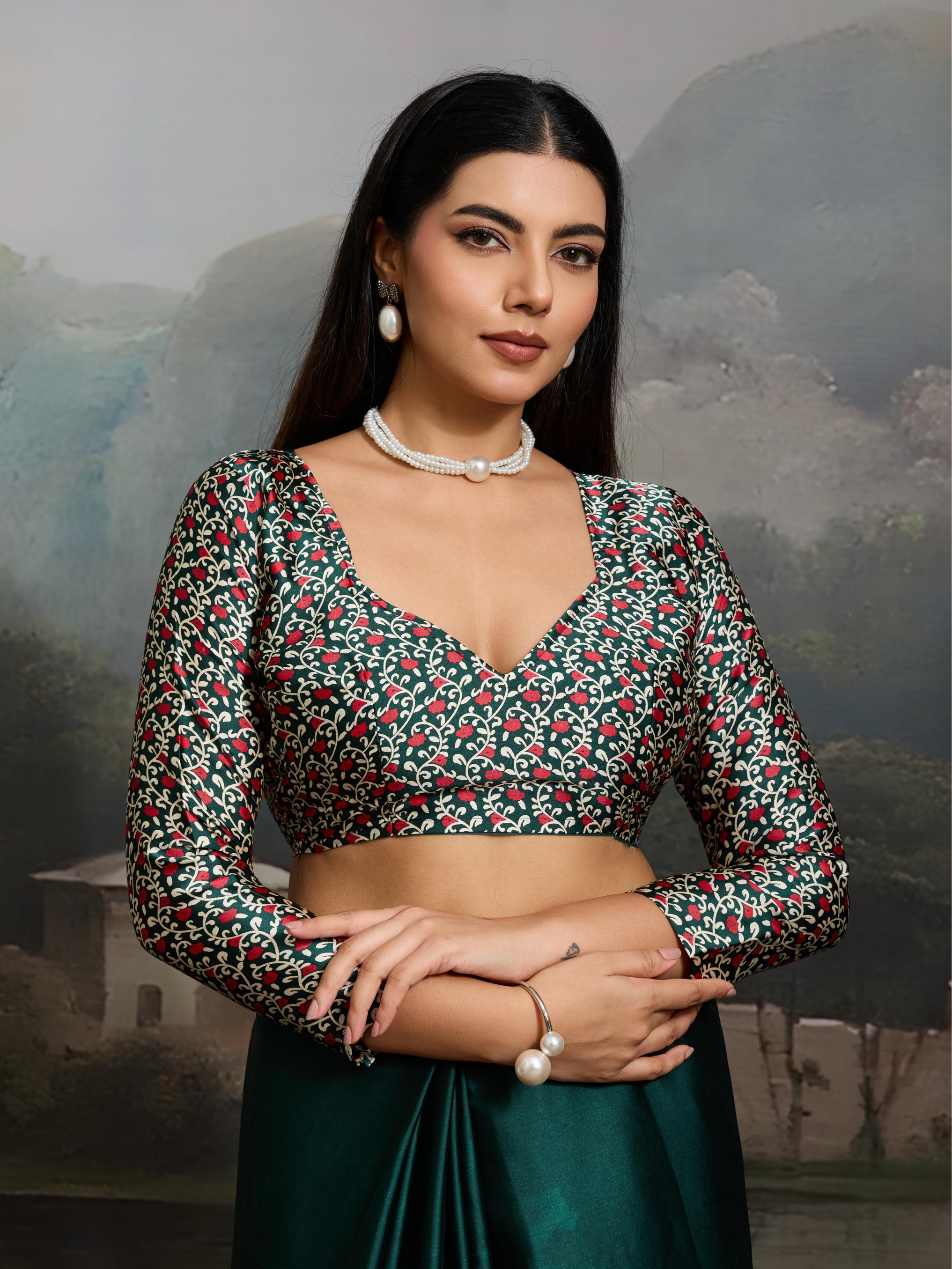 Hunter Green Ajrakh Printed Satin Crepe Silk Saree