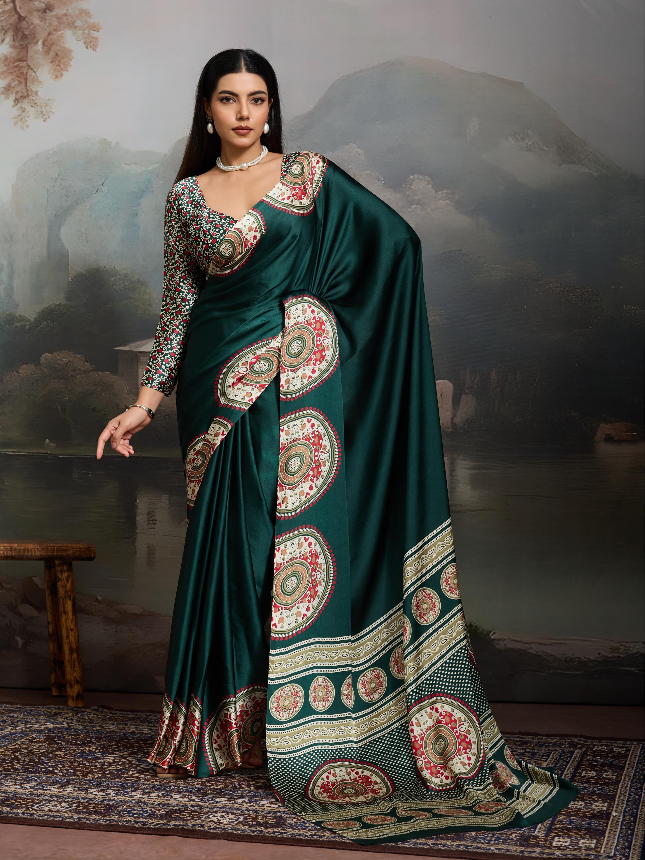 Hunter Green Ajrakh Printed Satin Crepe Silk Saree