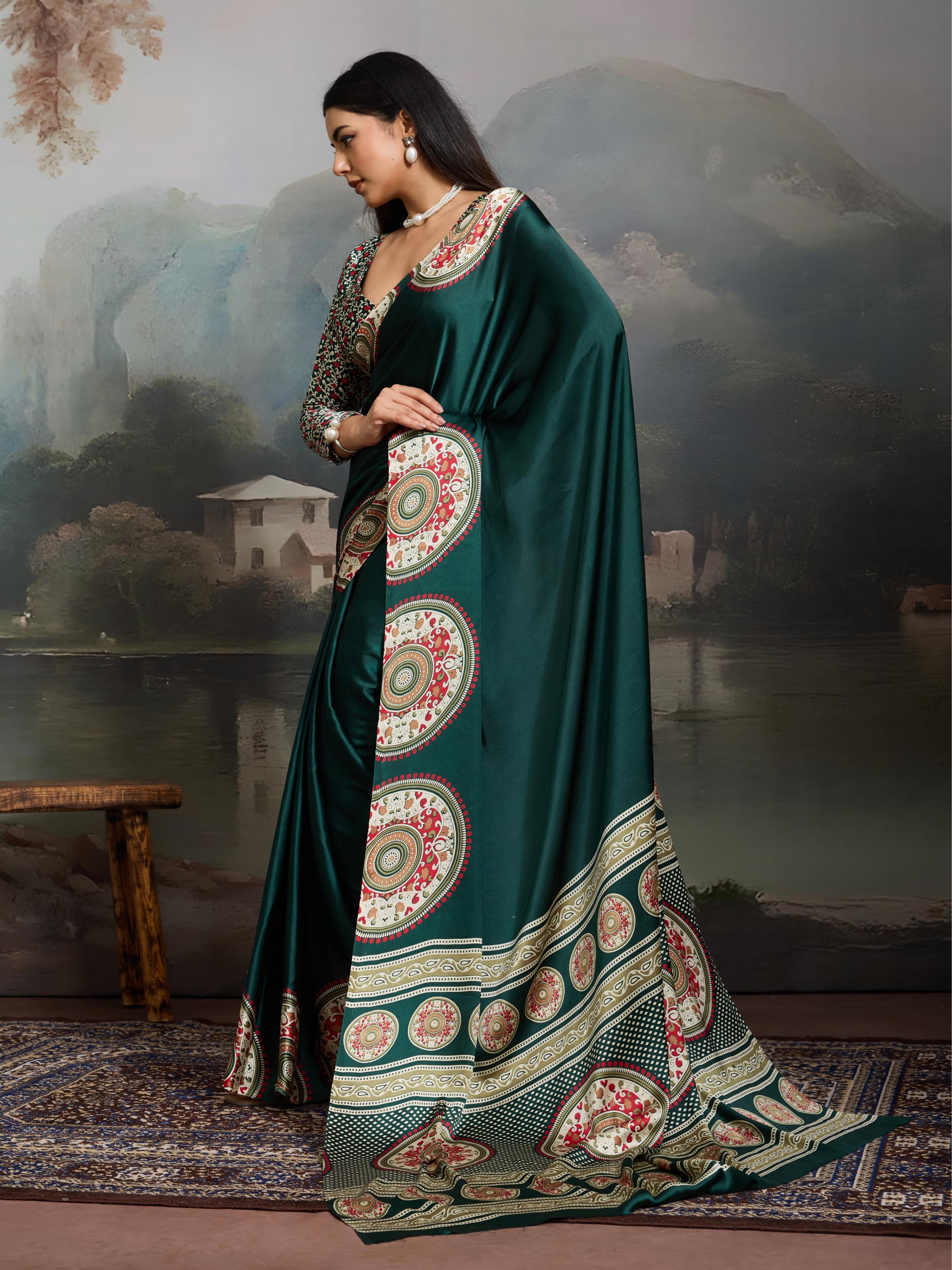 Hunter Green Ajrakh Printed Satin Crepe Silk Saree