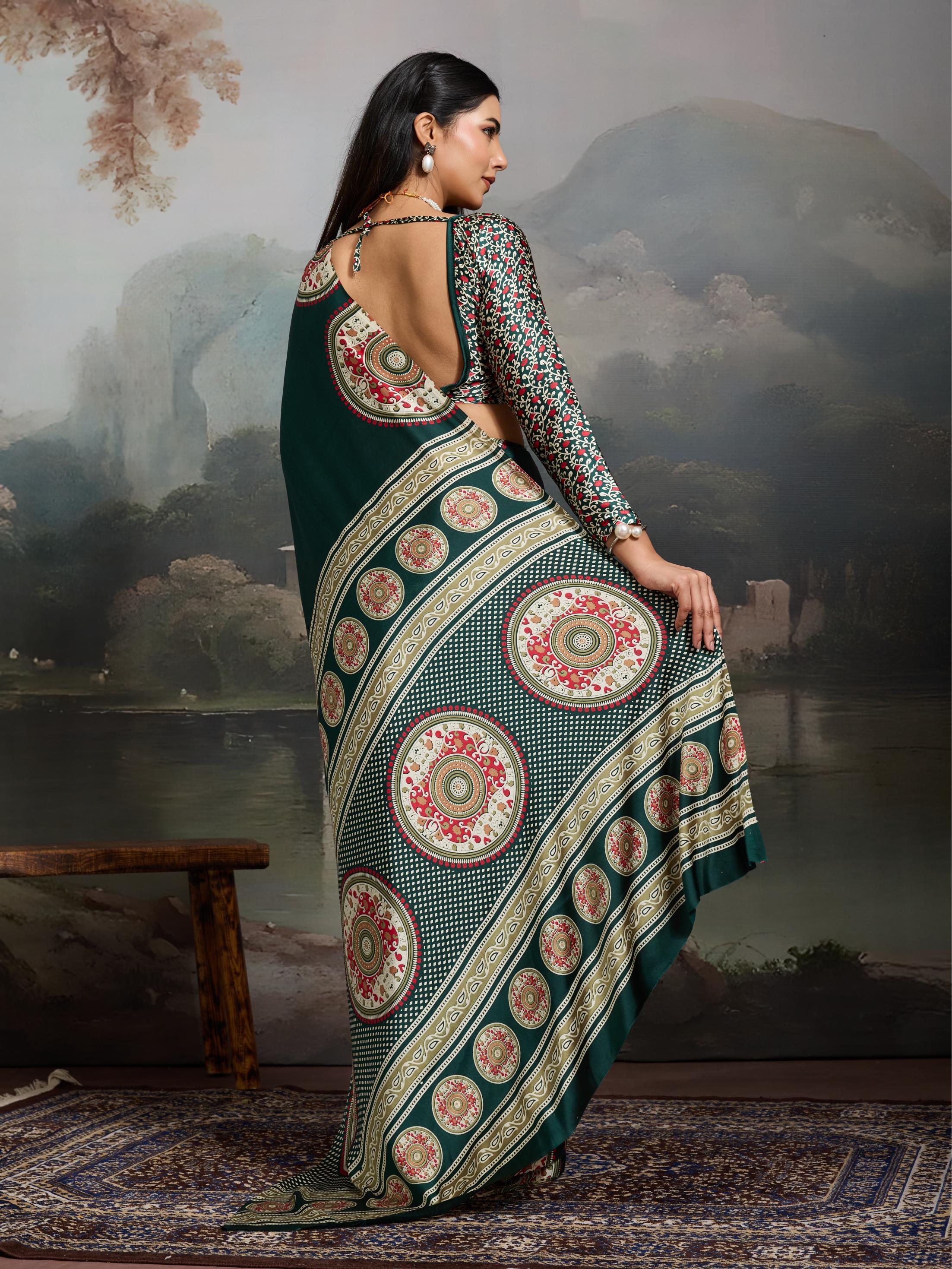 Hunter Green Ajrakh Printed Satin Crepe Silk Saree